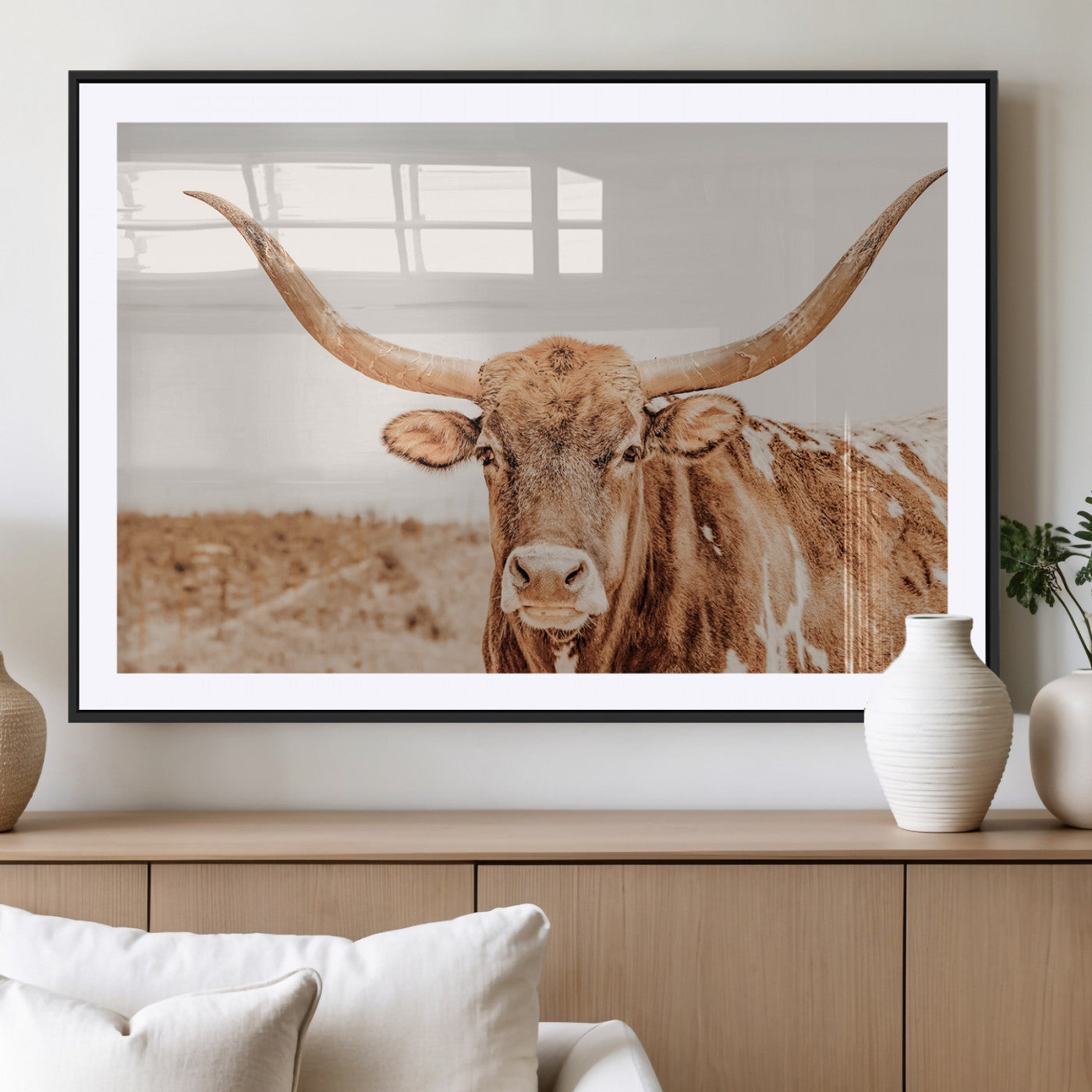 74406977-MGV-CV-36X24-Longhorn Bull Decor Wall Art Canvas Print, Framed Western Cow Theme Art Picture Print, Rustic Farmhouse Wall Perfect Neutral