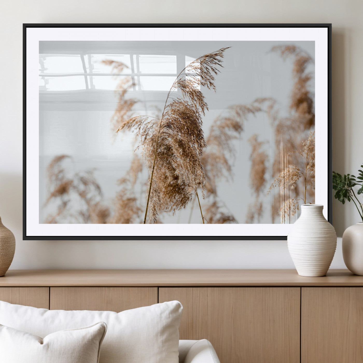 17019393-MGC-FP-36x24_Black-Pampas Grass Wall Art Canvas Print, Framed Neutral Tones Art Picture Print, Minimalist Nature Perfect Boho Minimalist Decor