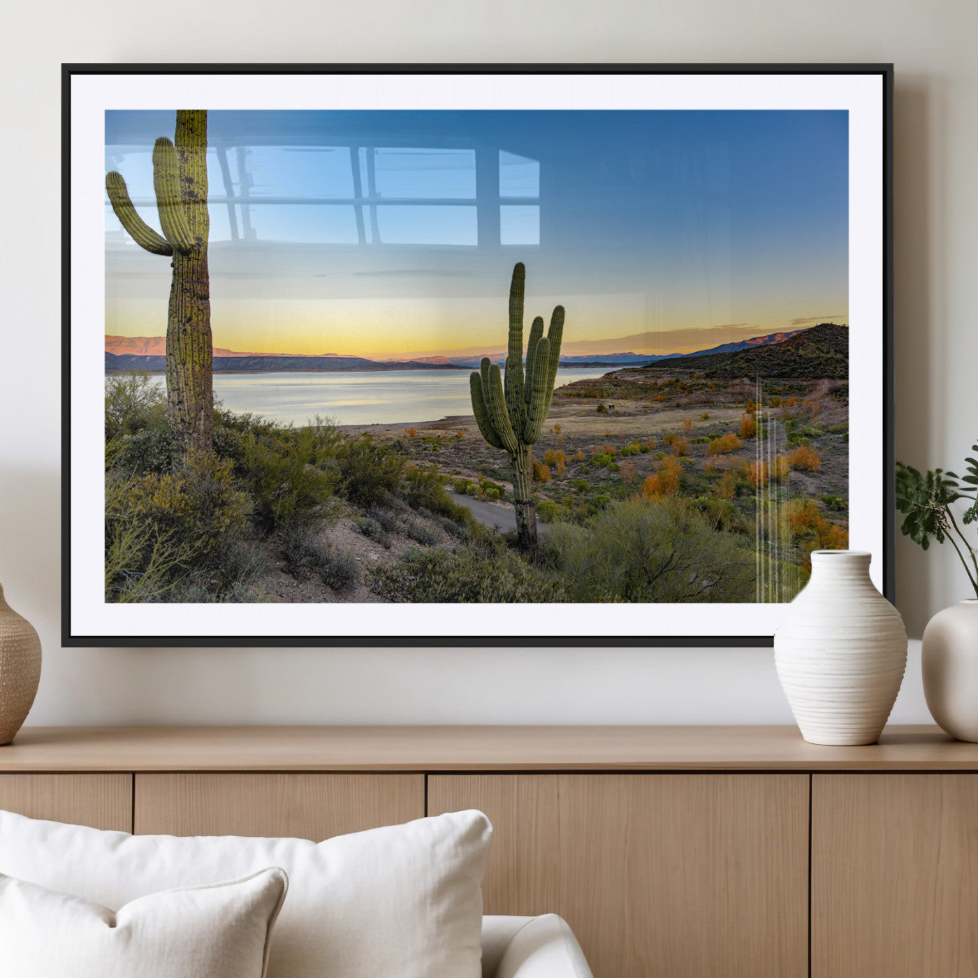 52844711-MGV-CV-36X24-Saguaro Cactus Wall Art Canvas Print, Framed Desert Sunset Art Picture Print, Southwestern Scene Perfect Southwestern Rustic Decor