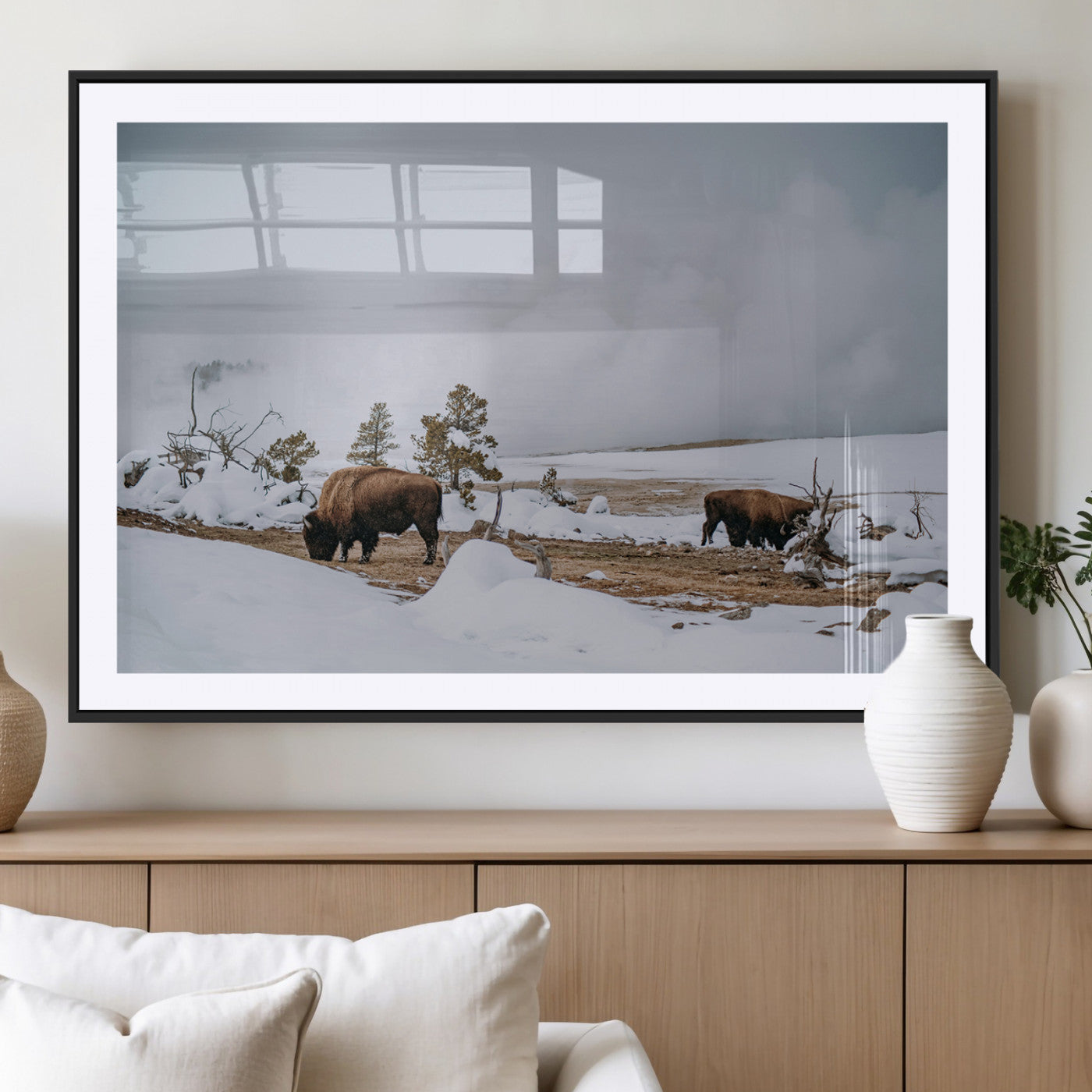 60308289-MGC-FP-36x24_Black-Bison Wildlife Wall Art Canvas Print, Framed Snowy Prairie Art Picture Print, Western Landscape Perfect Rustic Winter Decor