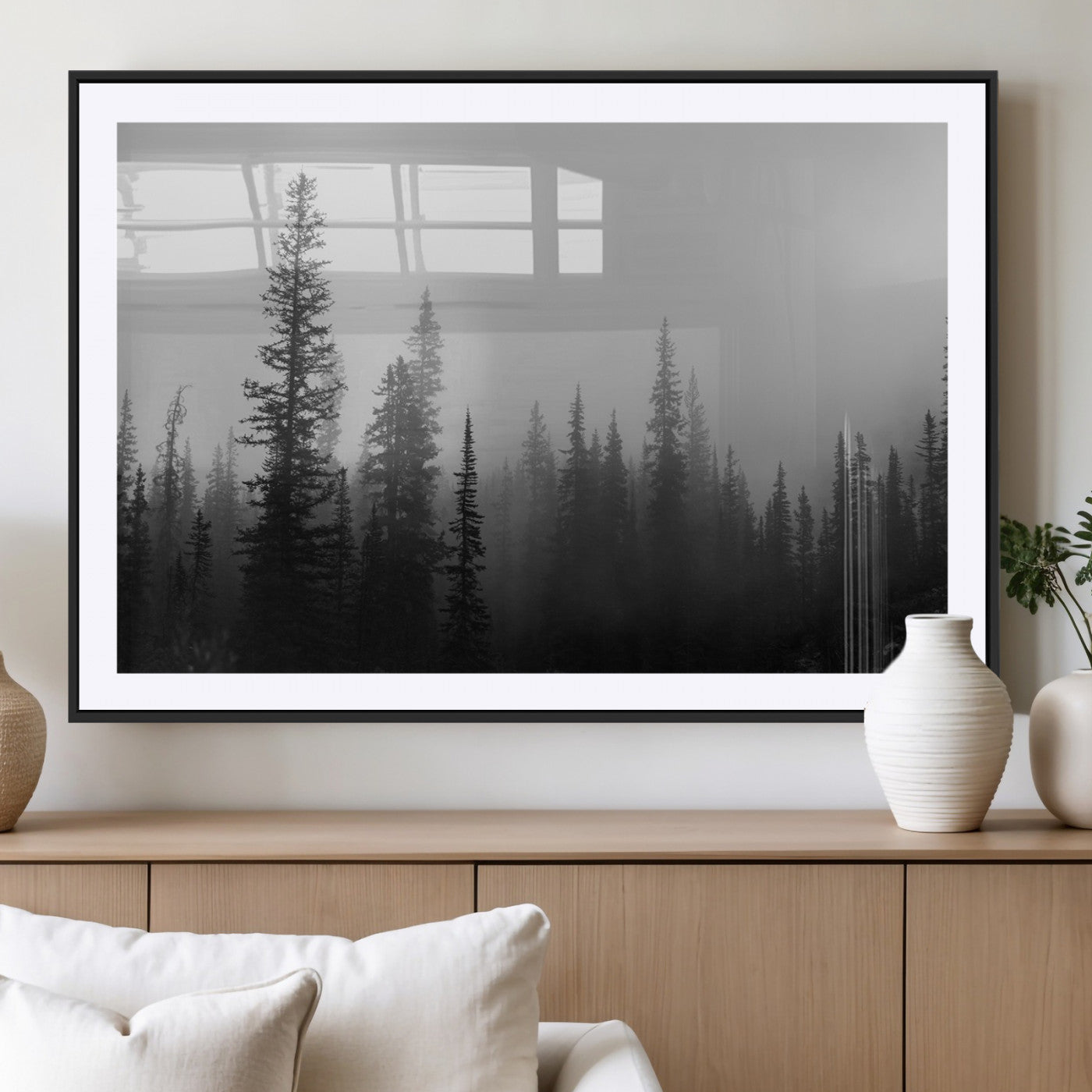 73138900-MGV-CV-36X24-Misty Pines Wall Art Canvas Print, Framed Woodland Photography Art Picture Print, Minimalist Decor Perfect Modern Rustic Decor