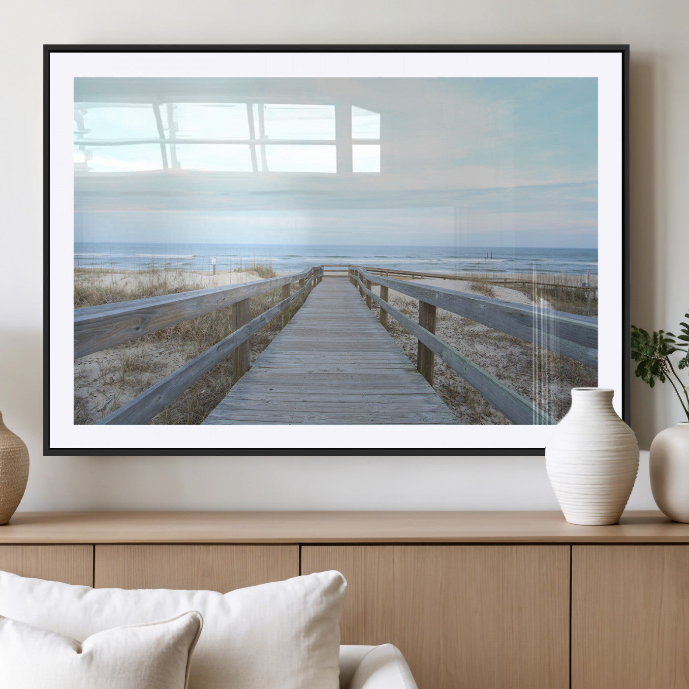 31602988-MGV-CV-36X24-Beach Boardwalk Wall Art Canvas Print, Framed Coastal Serenity Art Picture Print, Ocean View Perfect Coastal Minimalist Decor
