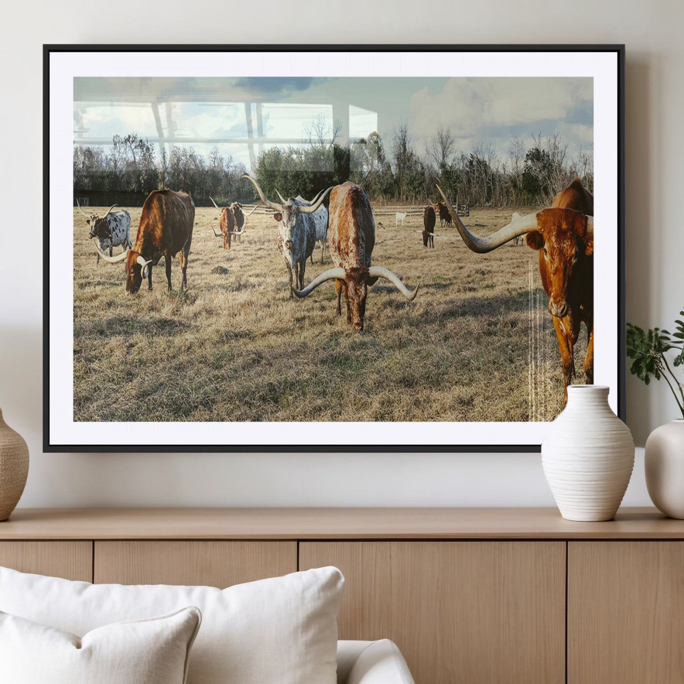39144651-MGV-CV-36X24-Texas Longhorns Wall Art Canvas Print, Framed Rustic Farm Scene Art Picture Print, Western Cattle Perfect Rustic Farmhouse Decor