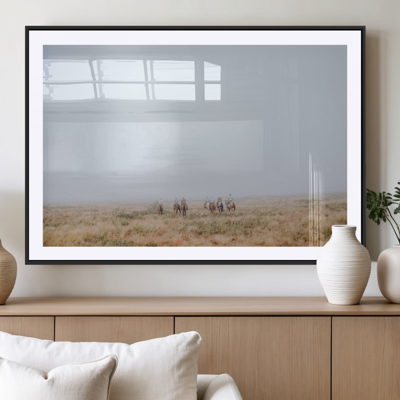 14761944-MGC-FP-36x24_Black-Foggy Plains Wall Art Canvas Print, Framed Horseback Riders Art Picture Print, Rustic Western Perfect Rustic Western Decor Artwork