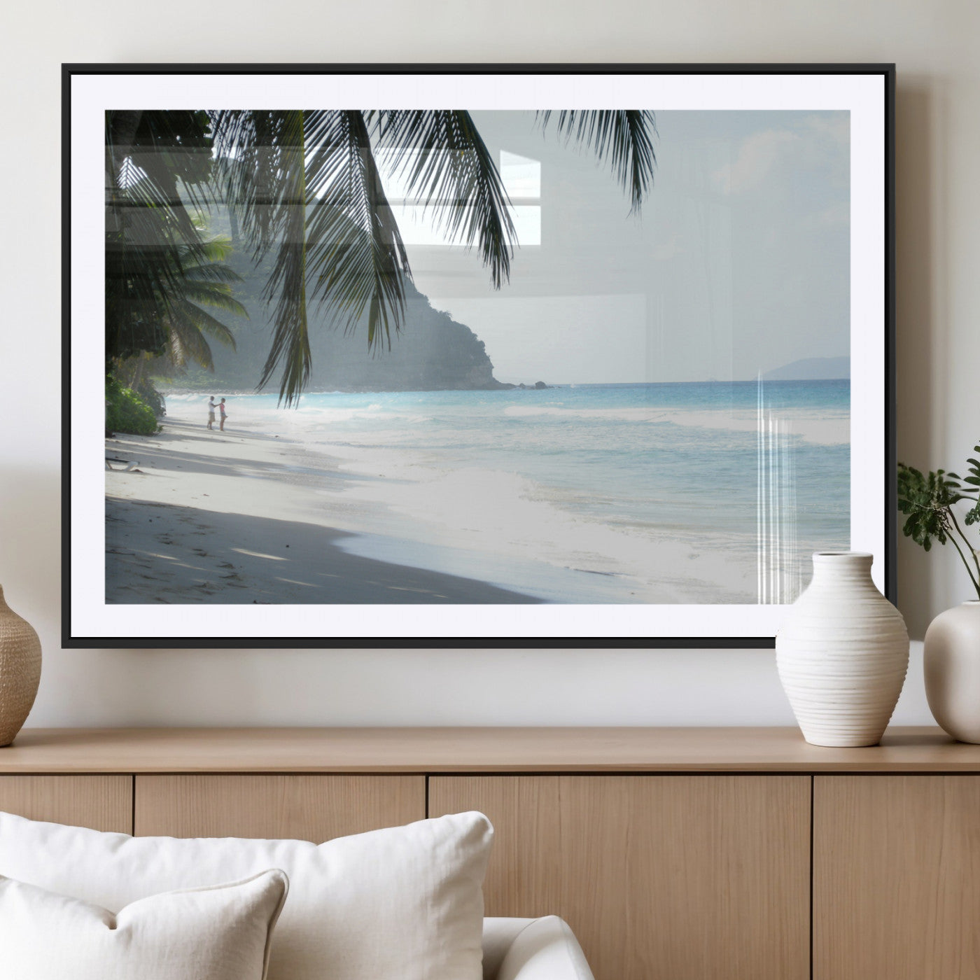 18311030-MGC-FP-36x24_Black-Tropical Beach Wall Art Canvas Print, Framed Serene Ocean Art Picture Print, Palm Tree Shadows Perfect Tropical Coastal Decor