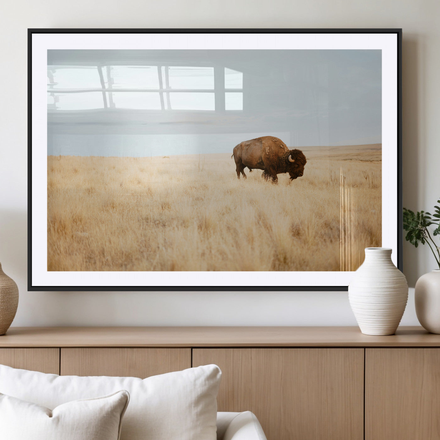 61392510-MGV-CV-36X24-Buffalo Wall Art Wall Art Canvas Print, Framed Western Wildlife Decor Art Picture Print, Rustic Farmhouse Art Perfect Rustic