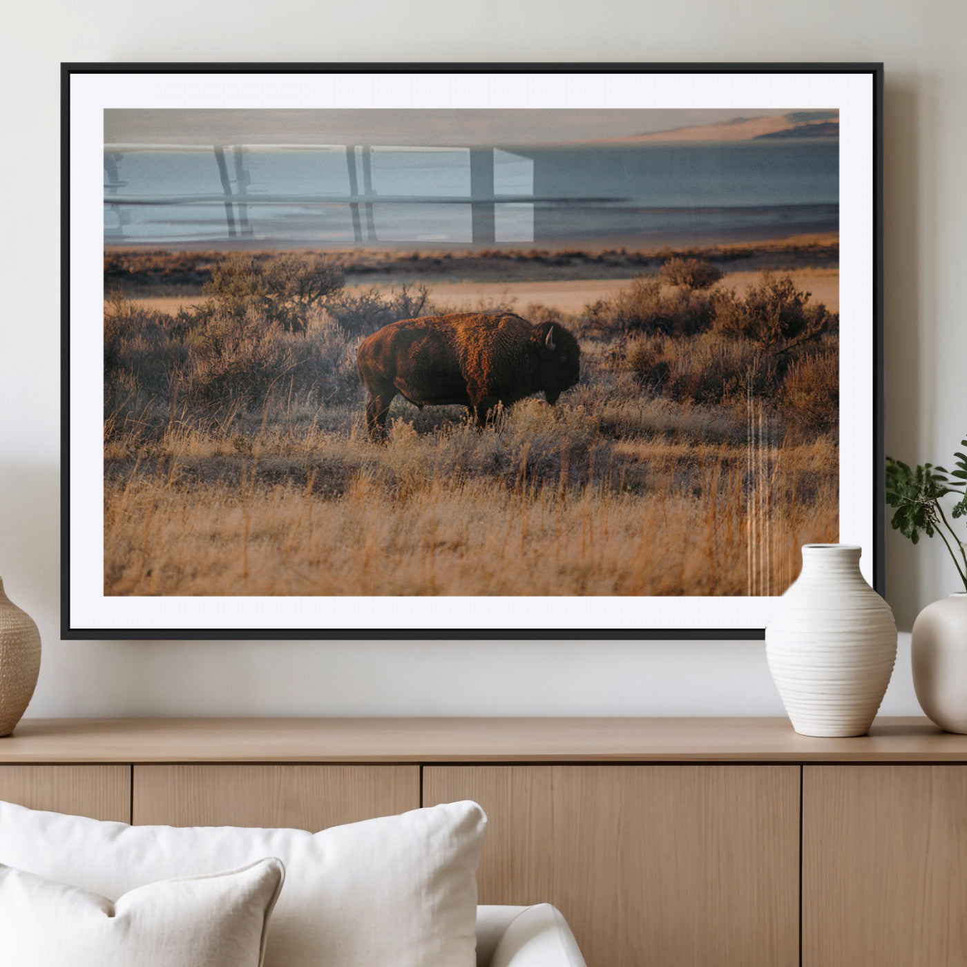 39509187-MGV-CV-36X24-Western Wildlife Wall Art Canvas Print, Framed Bison Art Picture Print, Golden Hour Perfect Western Rustic Decor Artwork