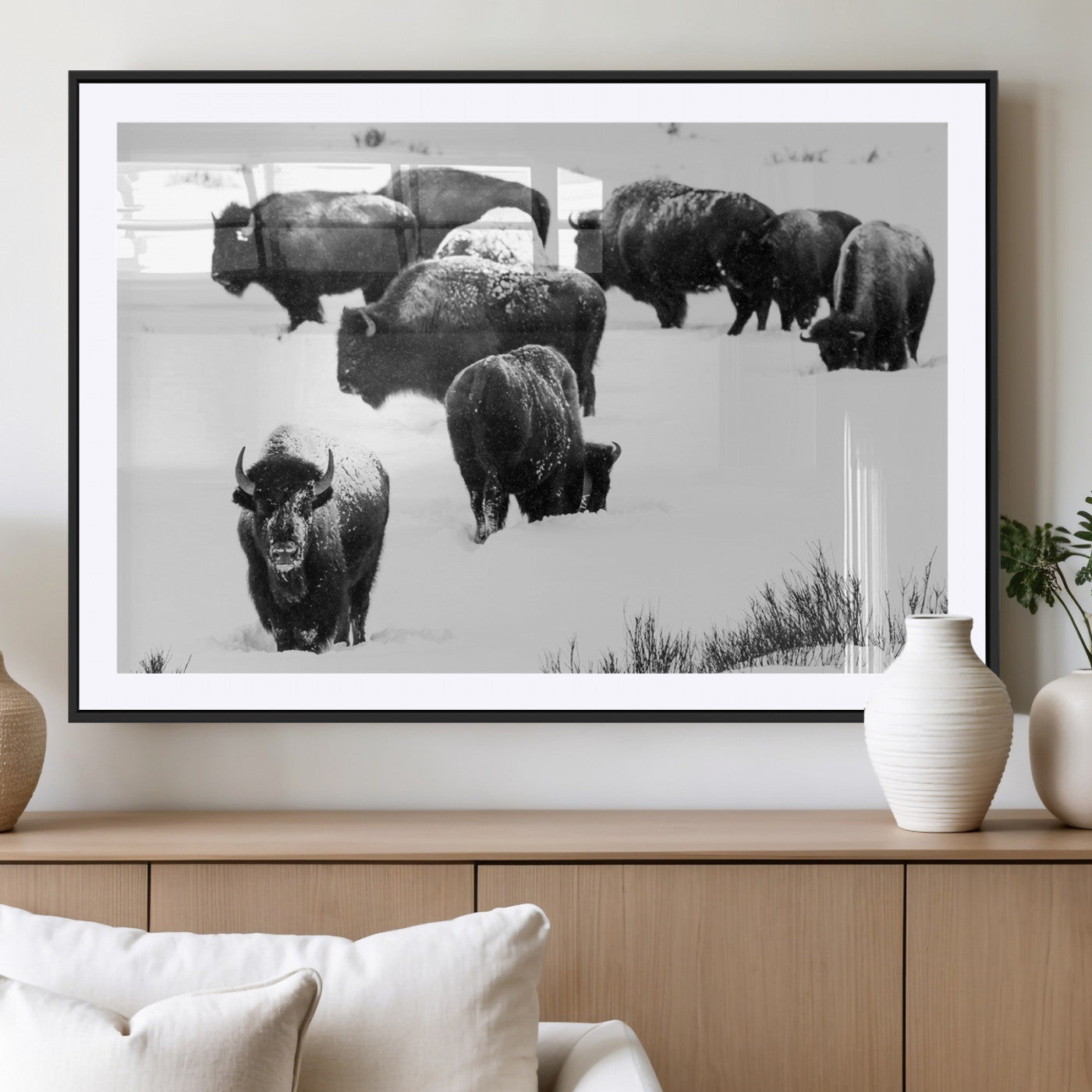 18914414-MGC-FP-36x24_Black-Buffalo Herd Wall Art Canvas Print, Framed Black and White Art Picture Print, Snowy Landscape Perfect Rustic Lodge Decor Decor