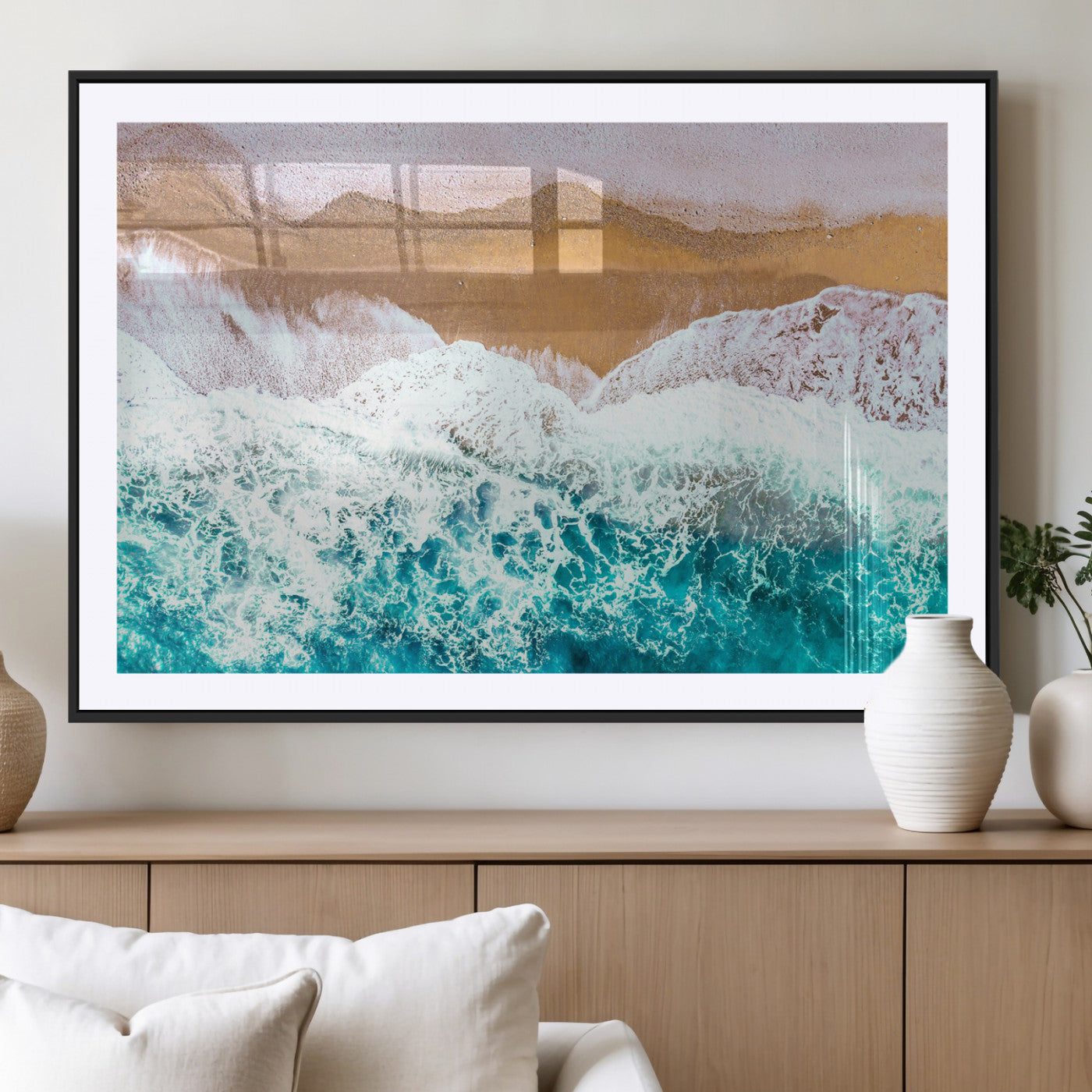 26870666-MGV-CV-36X24-Aerial Beach Wall Art Canvas Print, Framed Ocean Waves Art Picture Print, Coastal Landscape Perfect Coastal Minimalist Decor