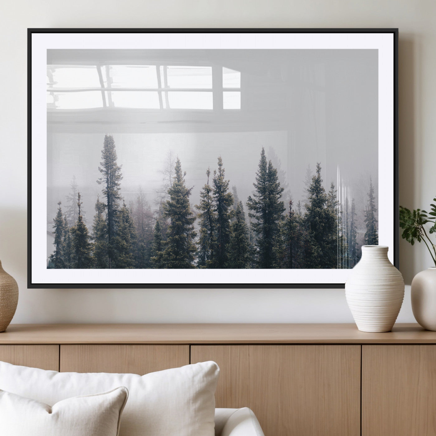 42364796-MGC-FP-36x24_Black-Foggy Forest Wall Art Canvas Print, Framed Misty Pines Art Picture Print, Moody Woodland Perfect Scandinavian Minimalist Decor