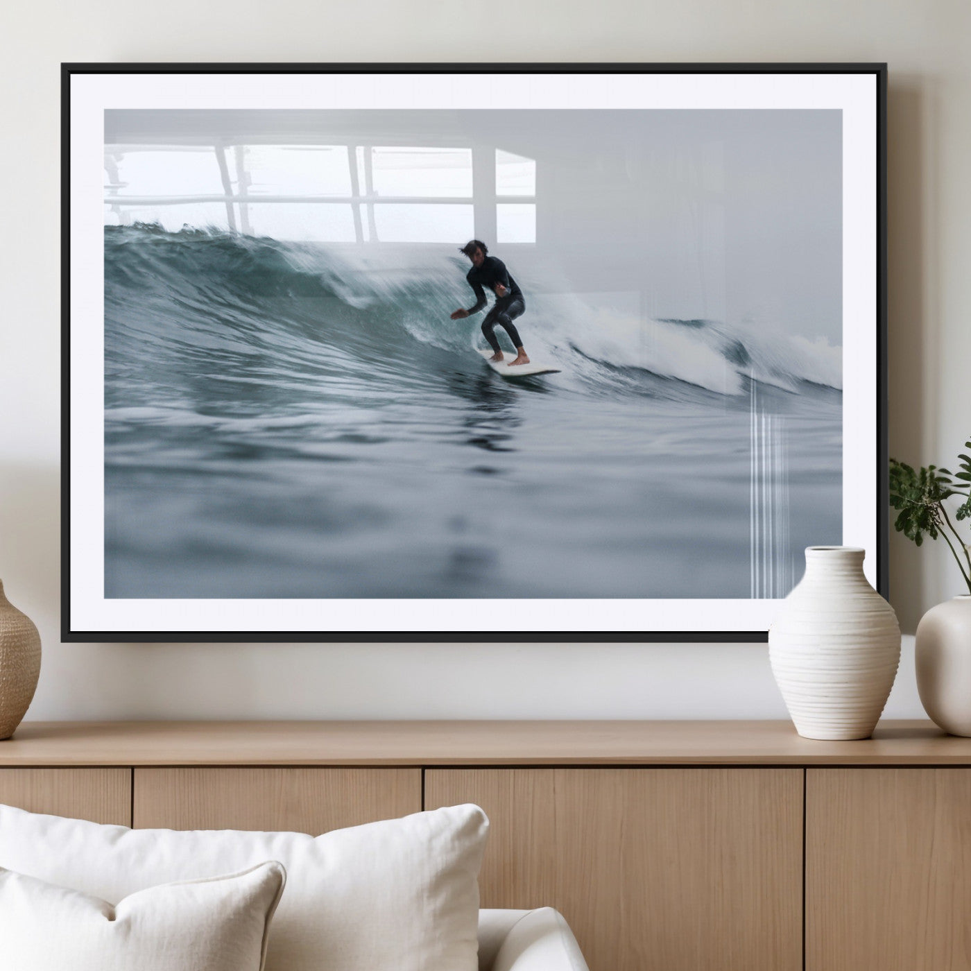 11693607-MGC-FP-36x24_Black-Surfer on Wave Wall Art Canvas Print, Framed Ocean Adventure Art Picture Print, Motion Blur Water Perfect Coastal Adventure Decor