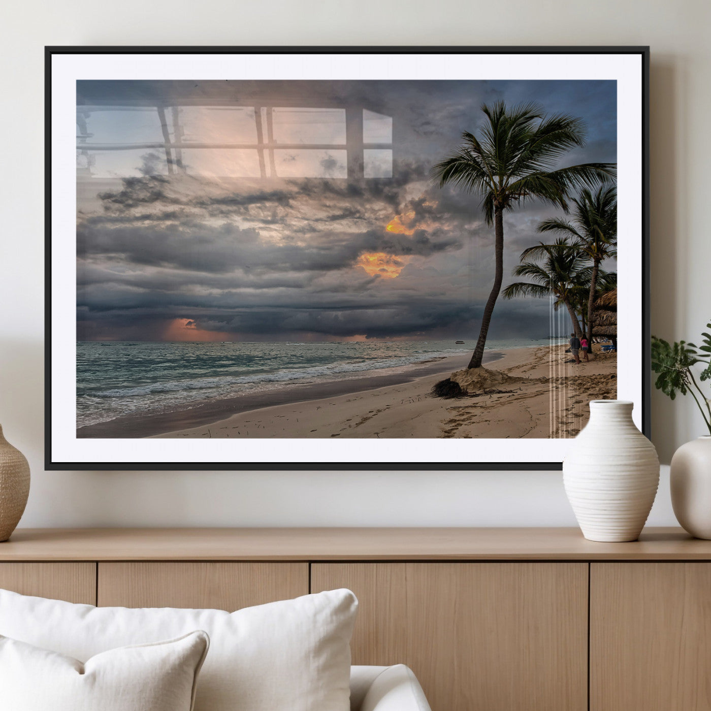 62574547-MGV-CV-36X24-Tropical Storm Wall Art Canvas Print, Framed Moody Beach Art Picture Print, Dramatic Sky Perfect Tropical Coastal Decor Artwork