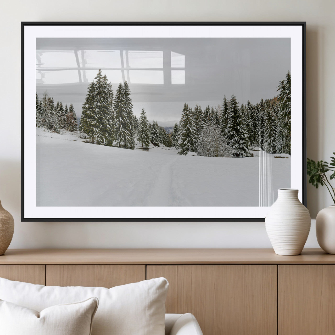 24581417-MGV-CV-36X24-Frosty Pines Wall Art Canvas Print, Framed Silent Snowfall Art Picture Print, Cozy Cabin Vibes Perfect Nordic Minimalist Decor
