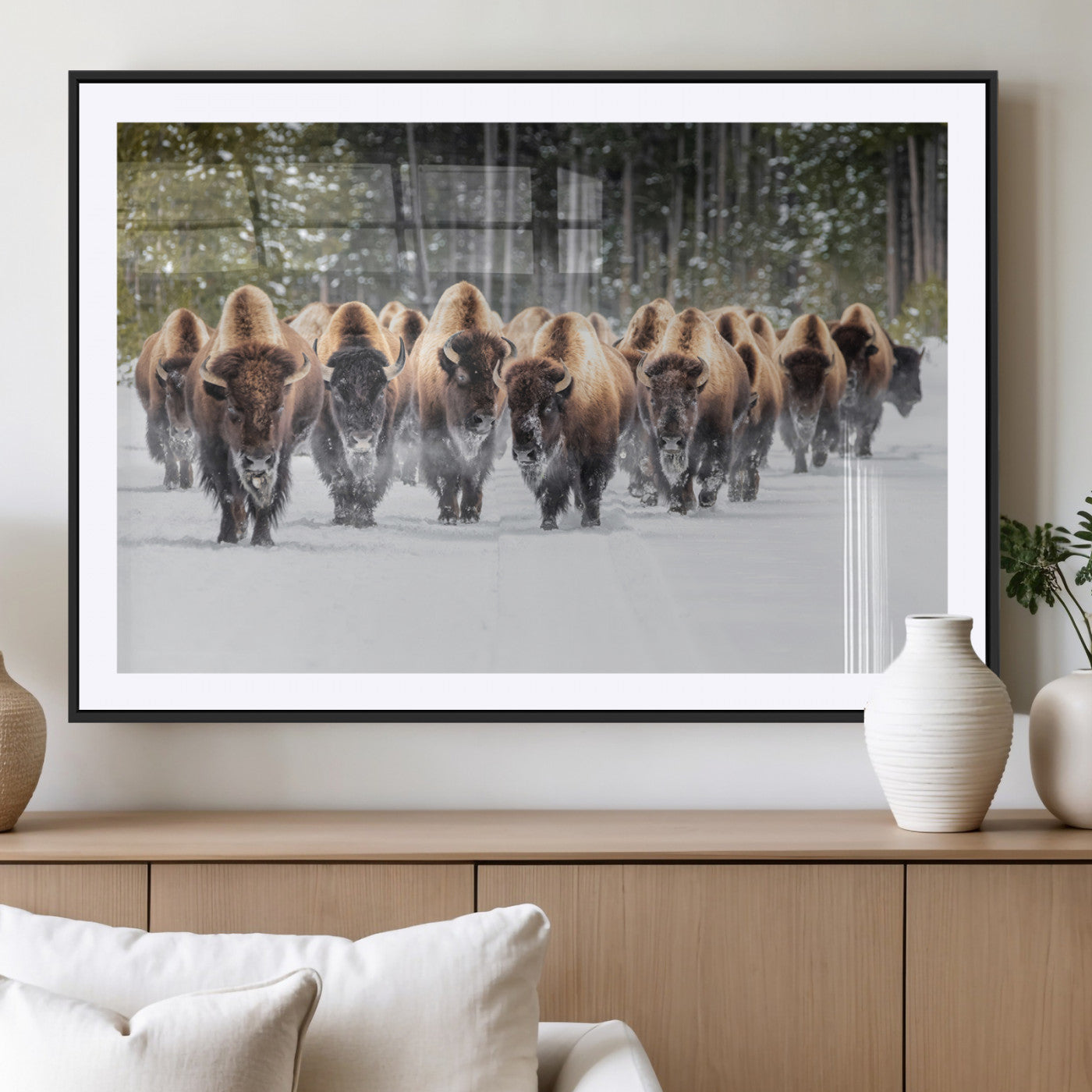 96906195-MGV-CV-36X24-Bison Herd Wall Art – American Buffalo Wildlife Photography Canvas Print, Winter Snow Scene Western Nature Decor for Living Room,