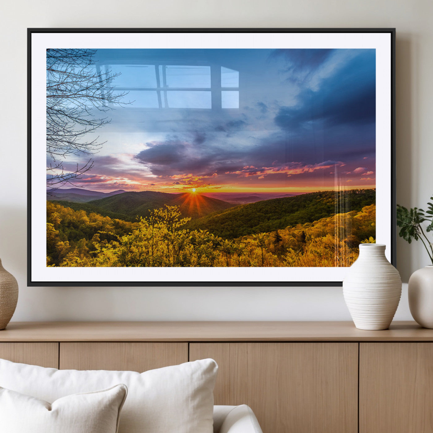 25786346-MGV-CV-36X24-Sunset Over Mountains Wall Art – Nature Landscape Canvas Print, Golden Hour Forest Photography, Scenic Sunrise Artwork for Living