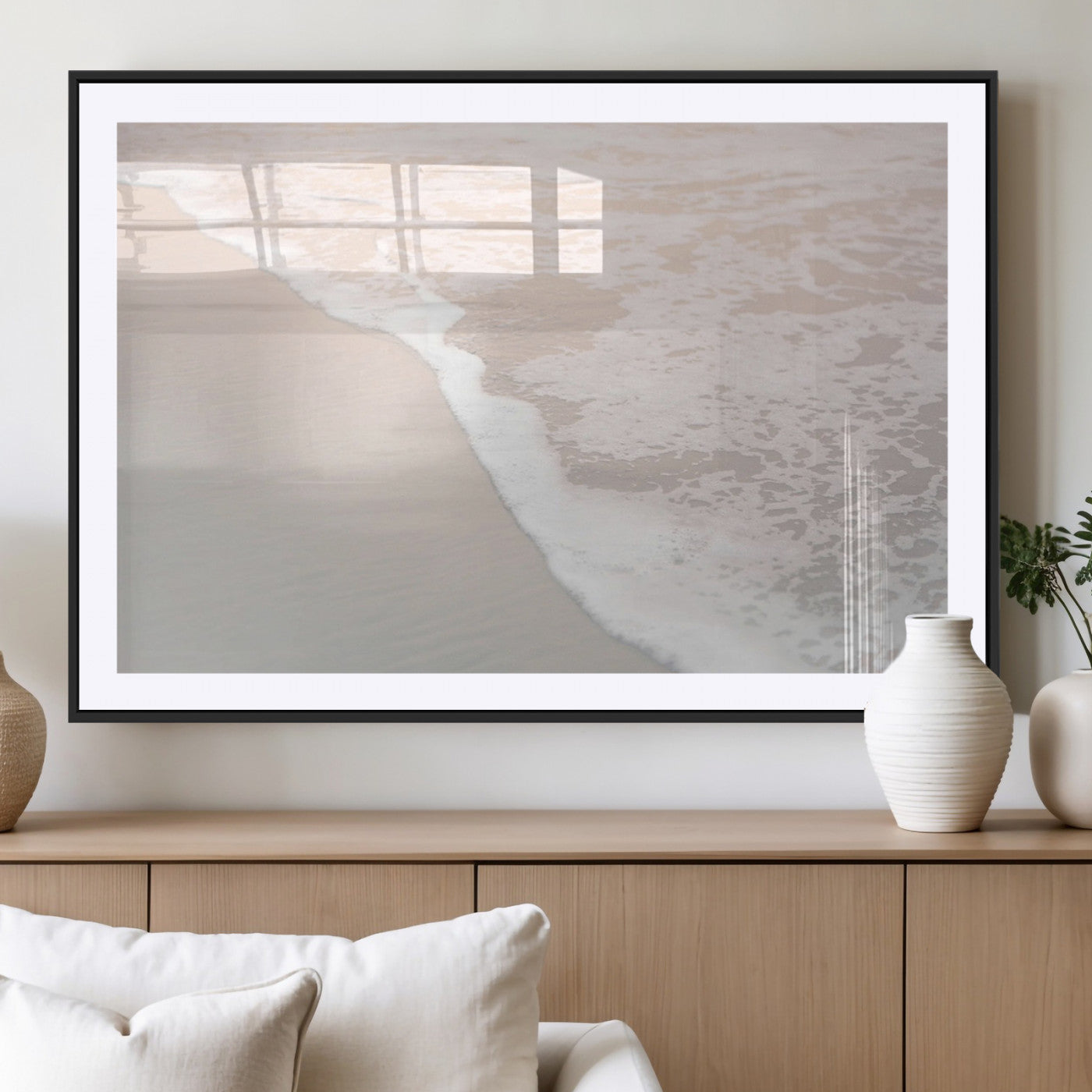 28414510-MGV-CV-36X24-Ocean Shoreline Wall Art – Minimal Coastal Beach Canvas Print, Soft Sea Foam and Sand Photography Artwork, Relaxing Nautical Decor