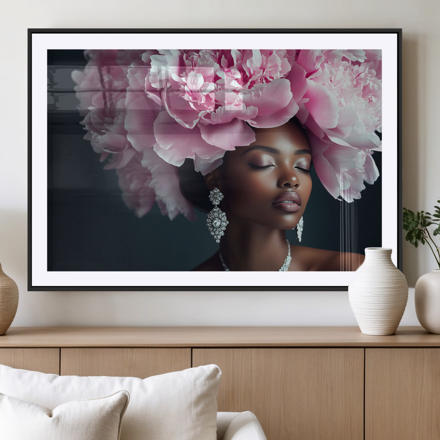 35482880-MGC-FP-36x24_Black-Floral Portrait Wall Art – Elegant Woman with Pink Peony Headpiece Canvas Print, Luxury Fashion Inspired Artwork, Modern Glam