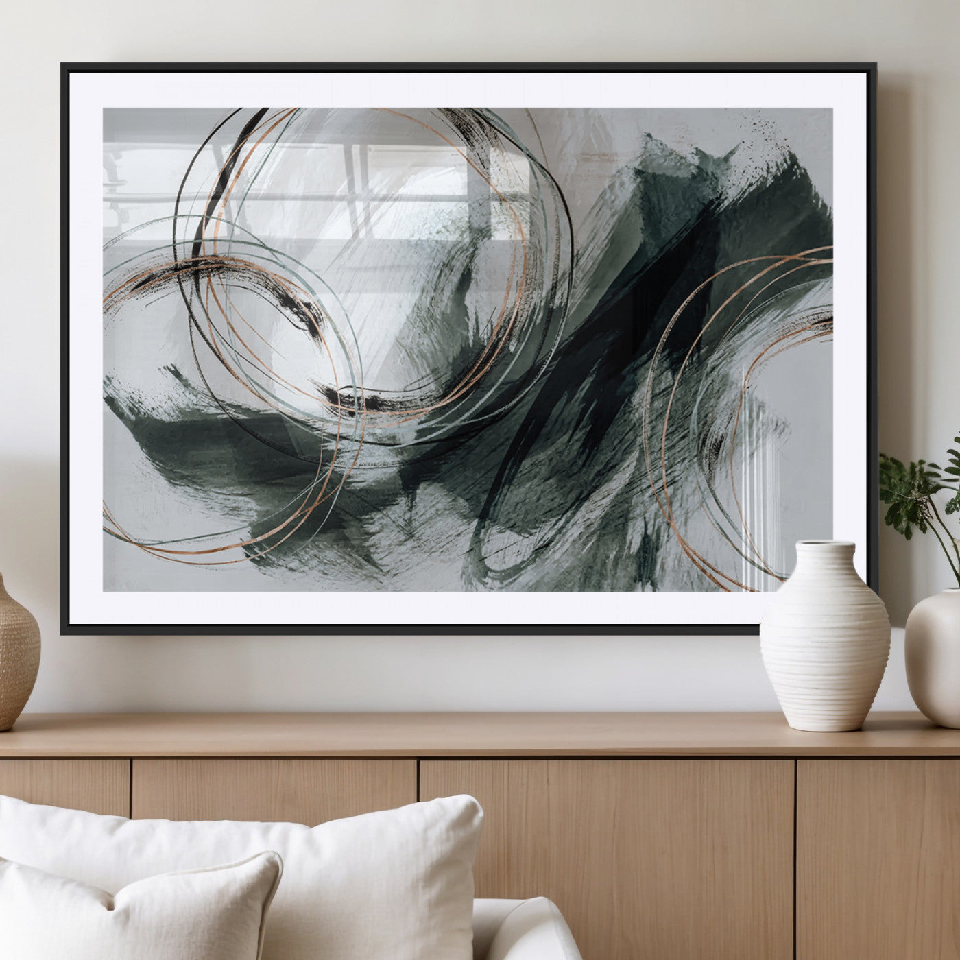 86583265-SEG-FC-90X60_Oversize_Oversize-Black and Gray Abstract Wall Art – Modern Copper Circle Canvas Print, Contemporary Minimalist Painting for Living Room, Bedroom,