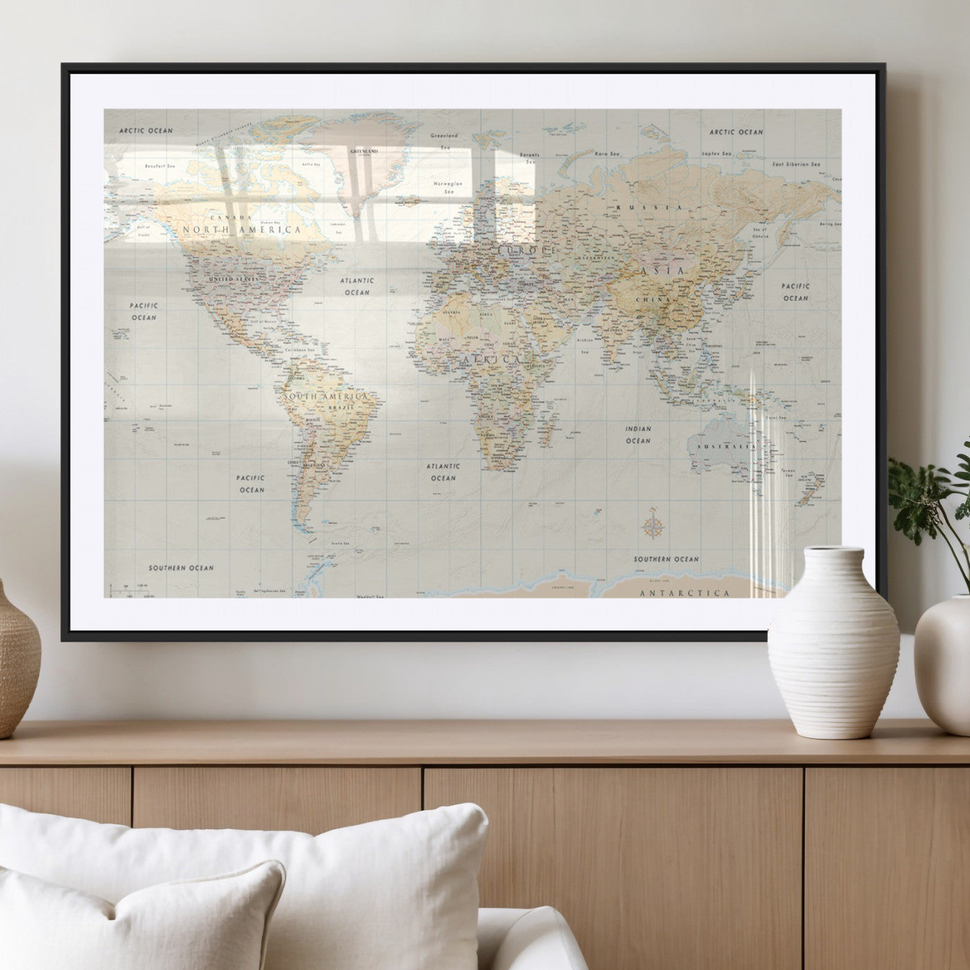 40660043-MGV-CV-36X24-World Map Wall Art – Large Detailed Atlas Style Map Print with Countries, Cities, and Oceans, Neutral Beige and Tan Educational
