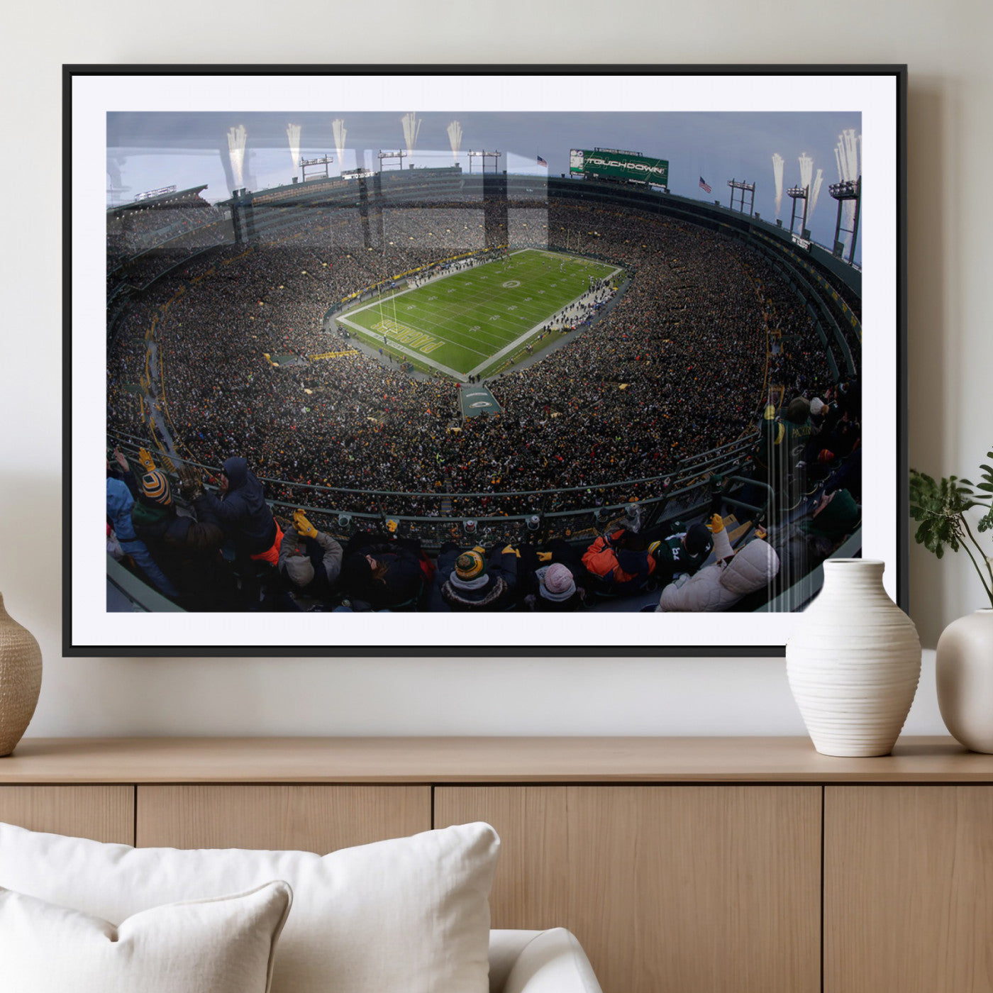 14387817-MGV-CV-36X24-Lambeau Field Stadium Wall Art – Green Bay Packers Game Day Canvas Print with Fireworks and Crowd – NFL Football Fan Man Cave