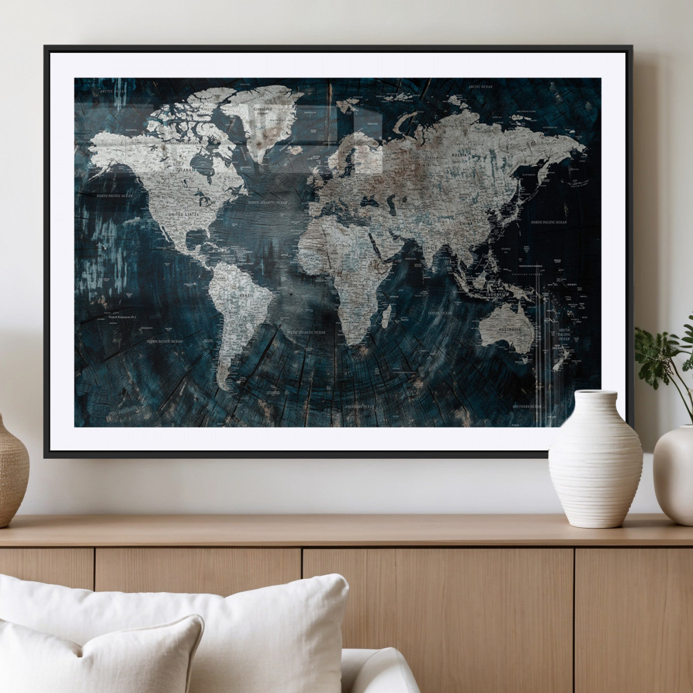 34425609-MGV-CV-36X24-World Map Wall Art – Rustic Navy and Grey Atlas Canvas Print, Distressed Explorer Map Artwork, Industrial Style Decor for Office,