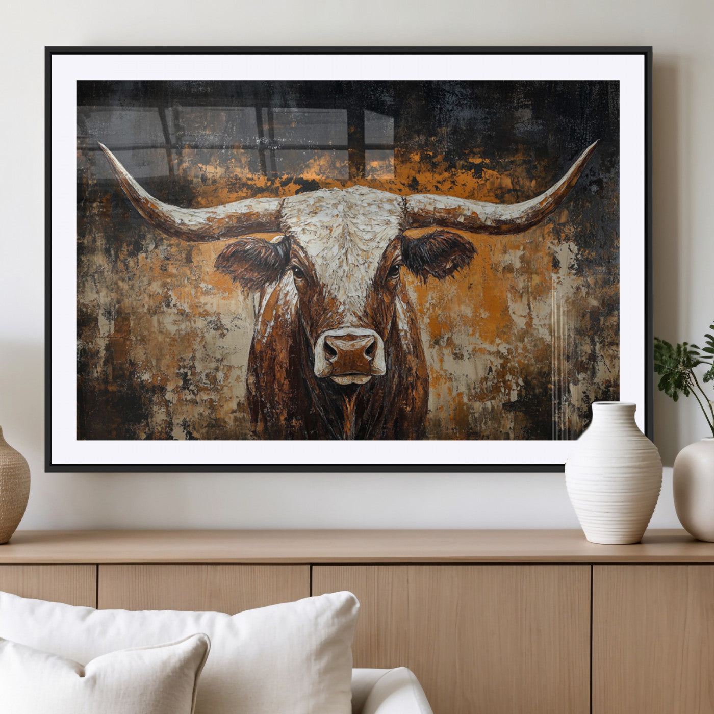 25265572-MGC-FP-36x24_Black-Longhorn Bull Wall Art – Rustic Western Texas Steer Canvas Print, Textured Animal Painting for Home, Office, Man Cave or Farmhouse
