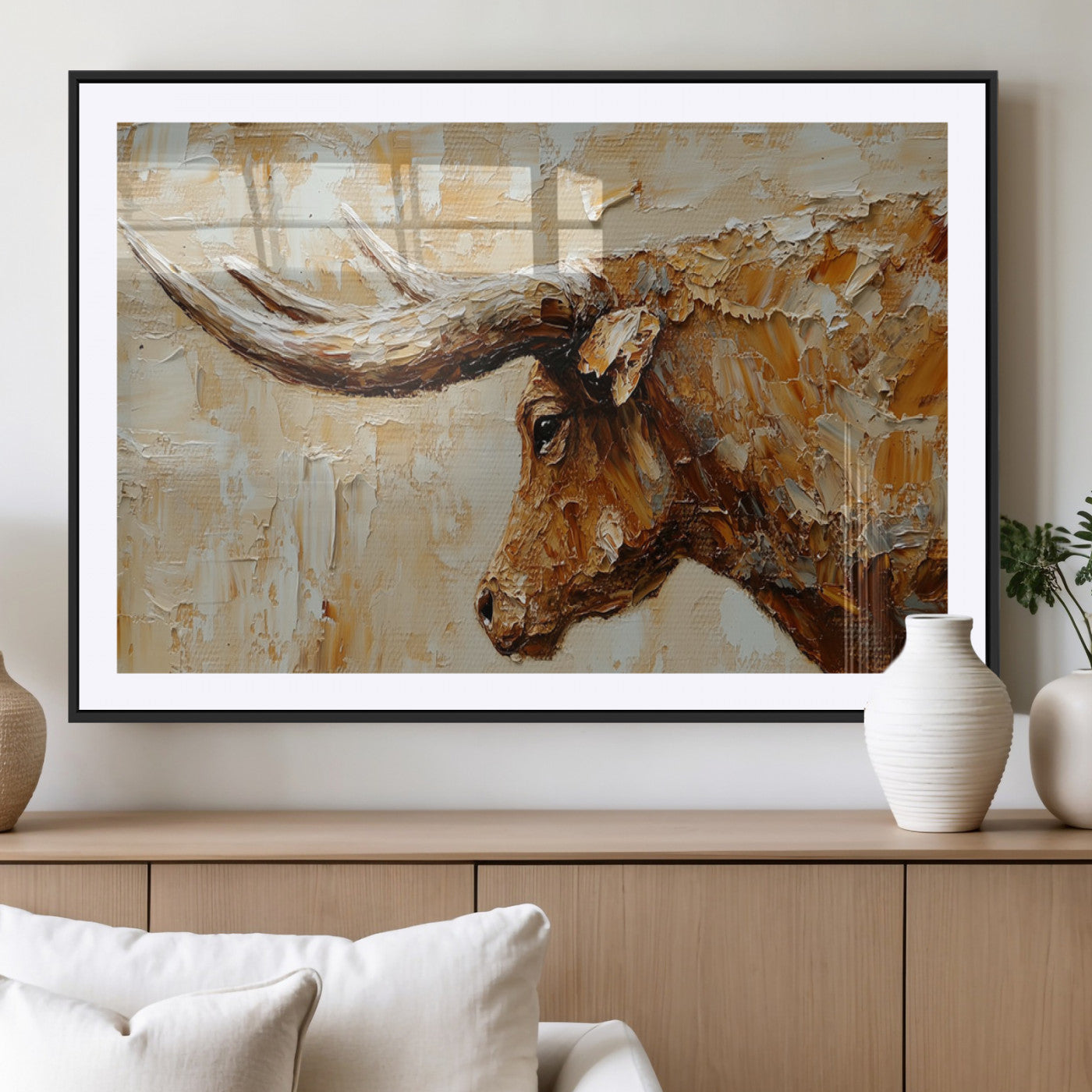 69611428-MGV-CV-36X24-Longhorn Bull Wall Art – Rustic Western Canvas Print, Textured Farmhouse Cattle Painting for Living Room, Office, or Ranch House