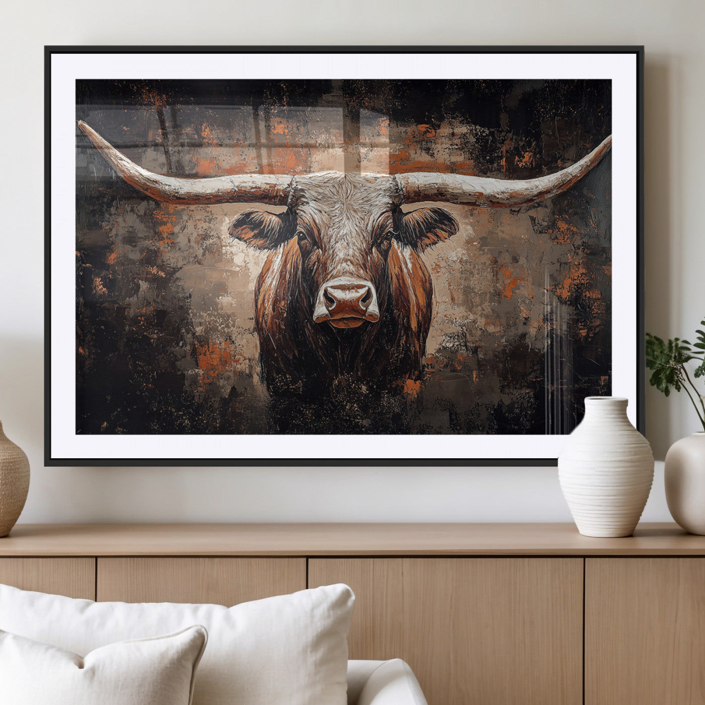 24779067-MGV-CV-36X24-Longhorn Bull Wall Art – Western Rustic Canvas Print, Bold Cowboy Cattle Painting for Ranch House, Farmhouse, Office, or Living