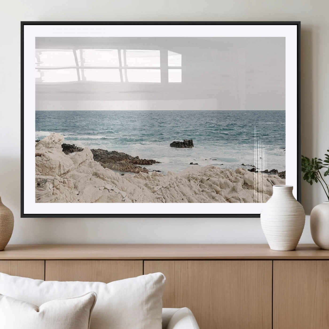 25481980-MGC-FP-36x24_Black-Ocean Coastal Wall Art – Rocky Shoreline and Waves Canvas Print, Serene Beach Landscape Decor for Living Room, Bedroom, or Office