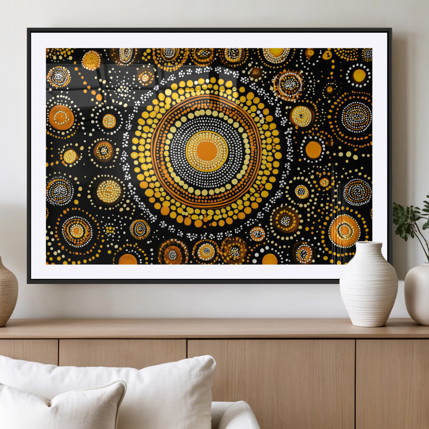 45478523-MGV-CV-36X24-Abstract Circle Wall Art – Bold Black and Gold Dot Painting Canvas Print, Modern Geometric Mandala Style Decor for Living Room or