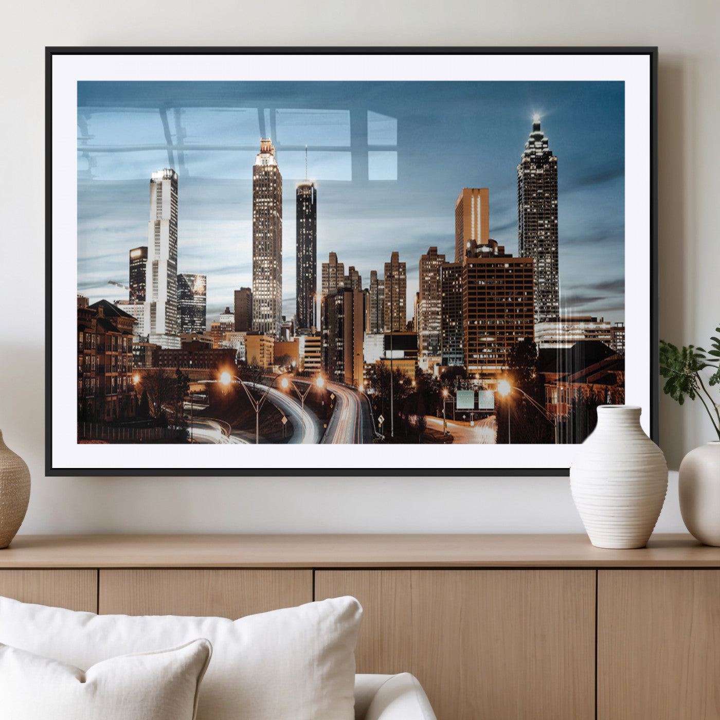23859158-MGV-CV-36X24-Atlanta Skyline Wall Art – Modern Cityscape Canvas Print with Night Lights and Traffic Trails, Urban Decor for Office, Apartment,