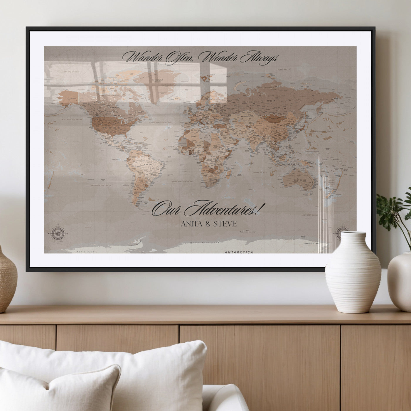 95243244-MGC-FP-36x24_Black-Wander Often Wonder Always World Map Wall Art – Neutral Beige Adventure Canvas Print, Rustic Boho Travel Decor for Bedroom, Living