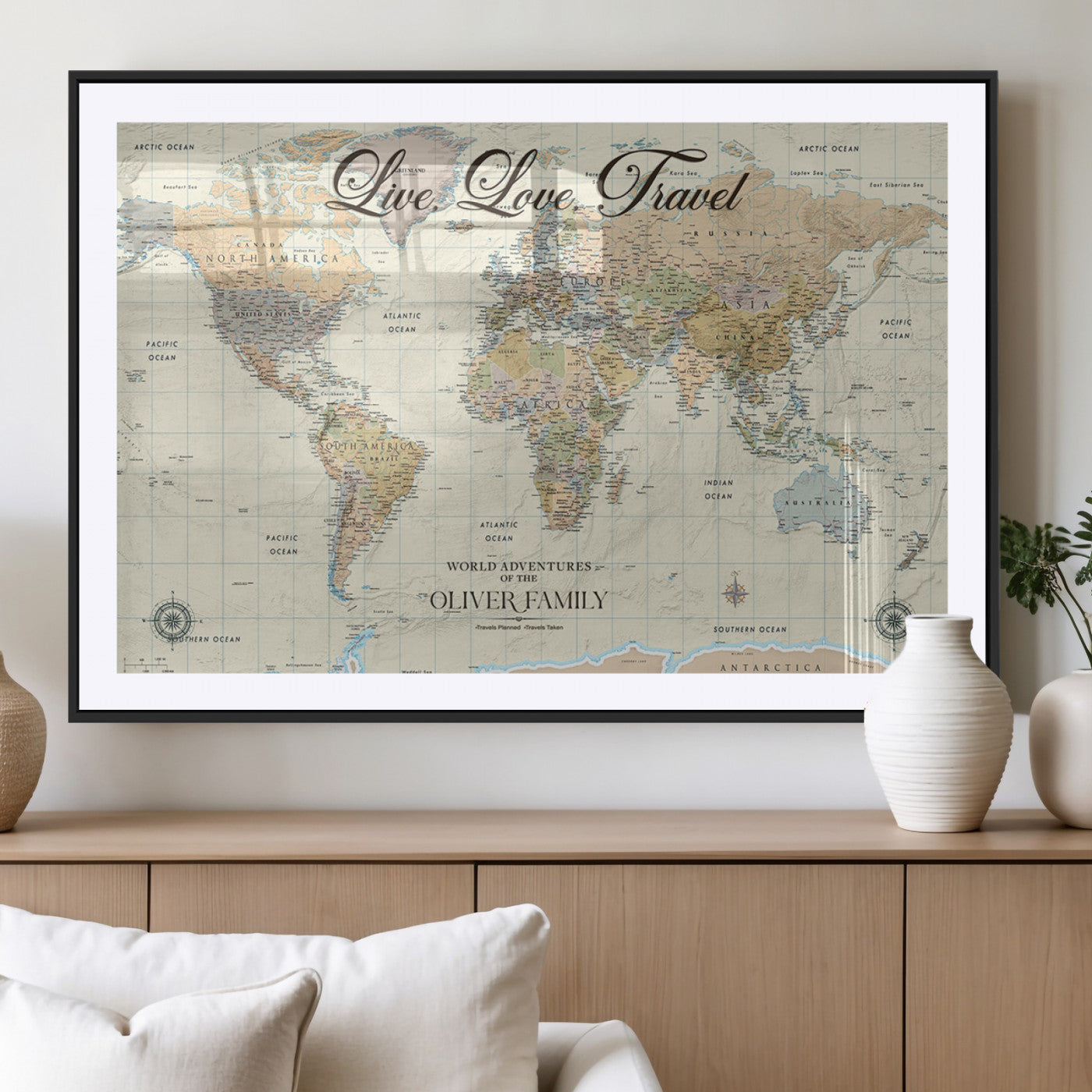 19479008-MGV-CV-36X24-Live Love Travel Wall Art – Detailed World Map Canvas Print, Adventure Decor for Living Room, Office or Bedroom, Travel Gift for