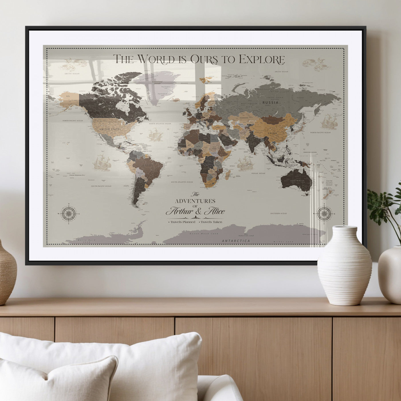 90024882-MGV-CV-36X24-The World is Ours to Explore Wall Art – Earth Tone World Map Canvas Print, Adventure Travel Decor for Living Room, Office or