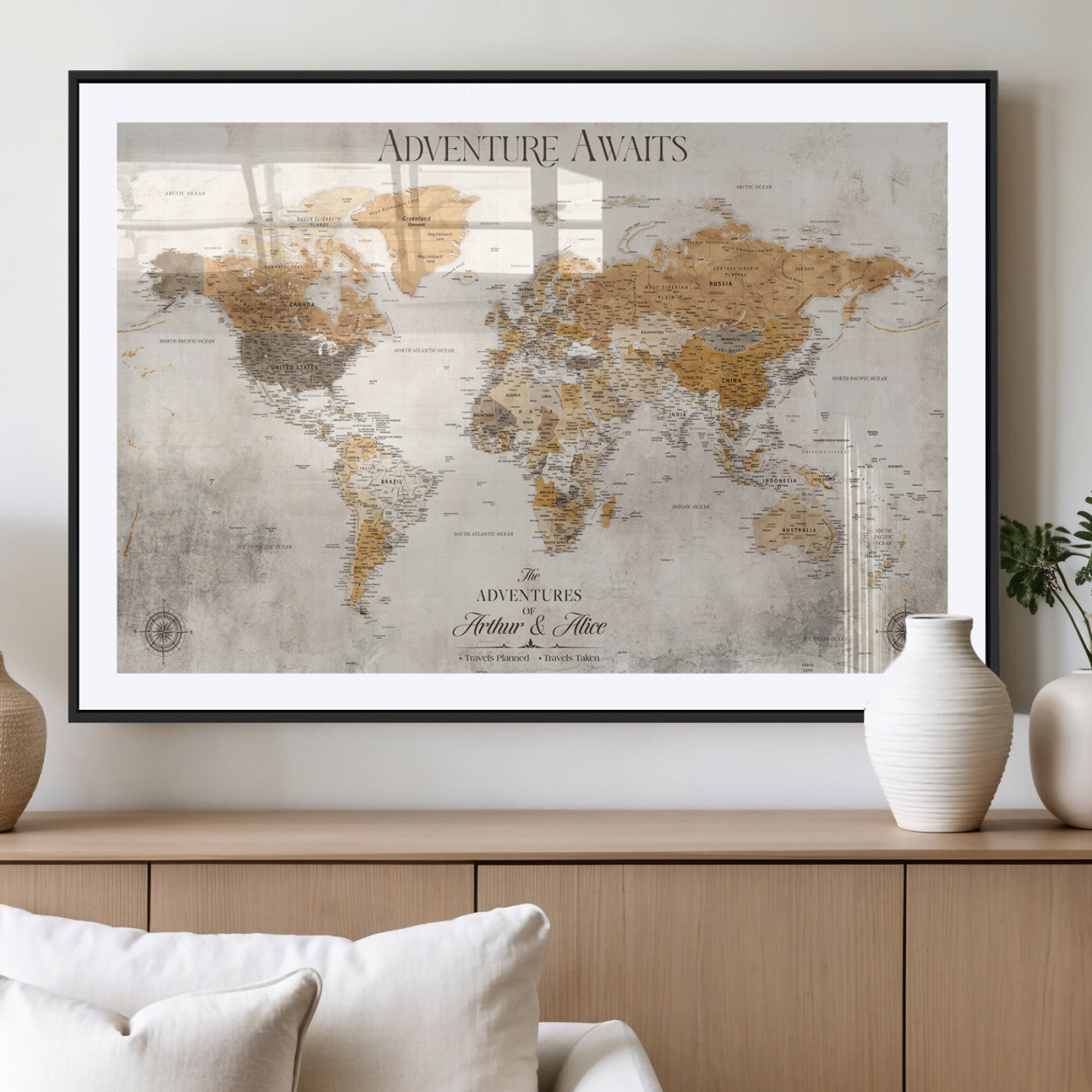 99422096-MGV-CV-36X24-Adventure Awaits World Map Wall Art – Neutral Beige Canvas Print, Modern Travel Inspired Wall Decor for Living Room, Bedroom or