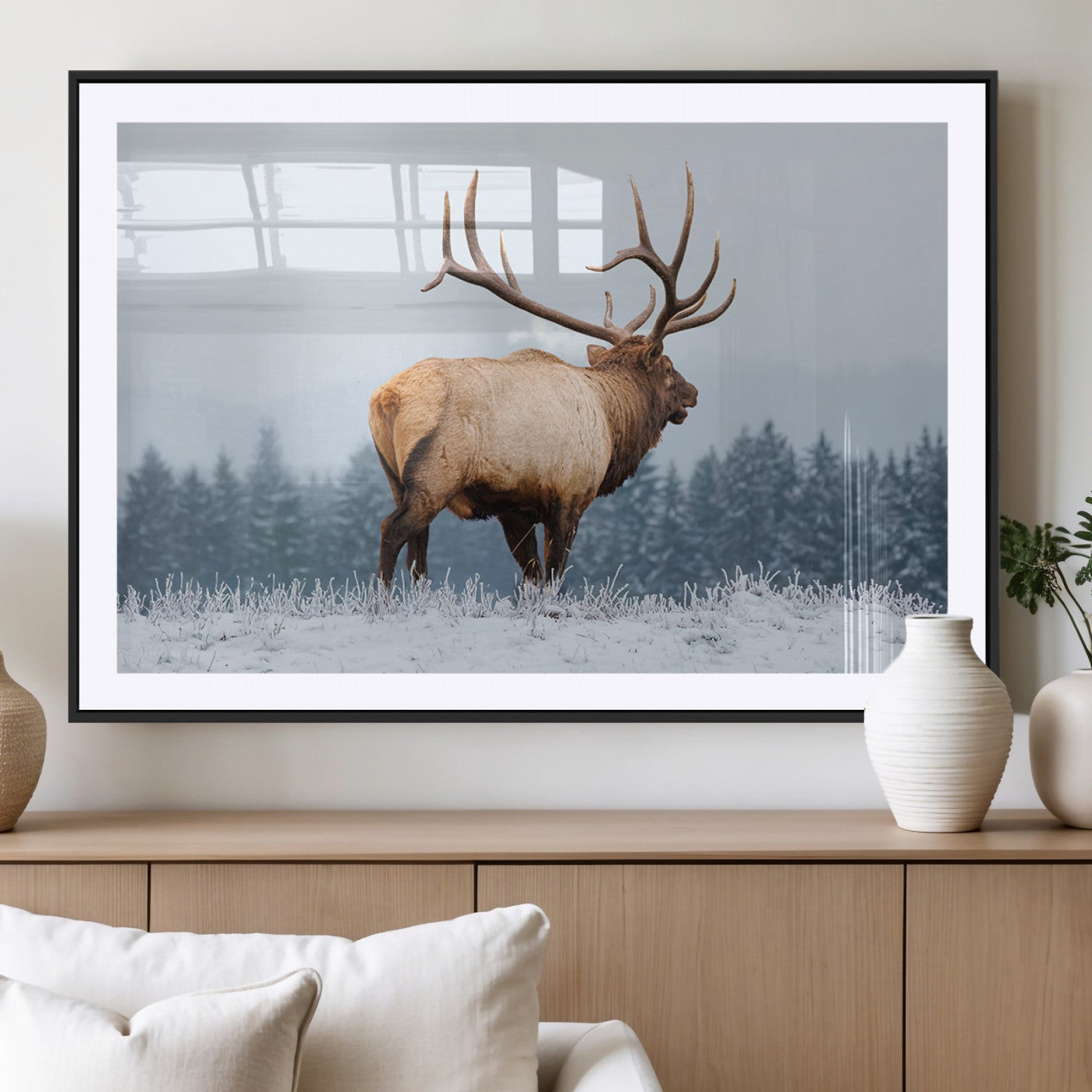 85177251-MGV-CV-36X24-Elk Wall Art – Majestic Wildlife Canvas Print of Bull Elk Snowy Forest, Rustic Nature Decor for Living Room, Cabin, or Office