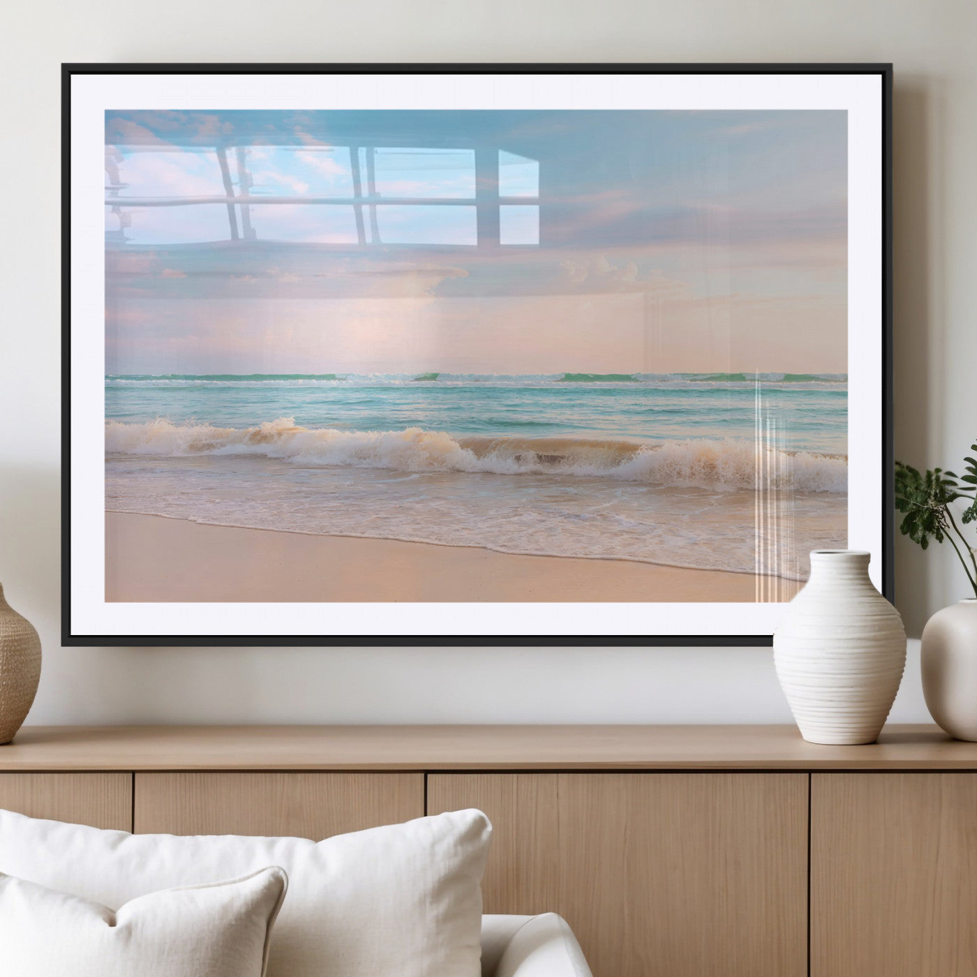 88024944-MGC-FP-36x24_Black-Beach Landscape Wall Art – Coastal Ocean Canvas Print with Gentle Waves and Pastel Sky, Serene Seascape Photography for Living