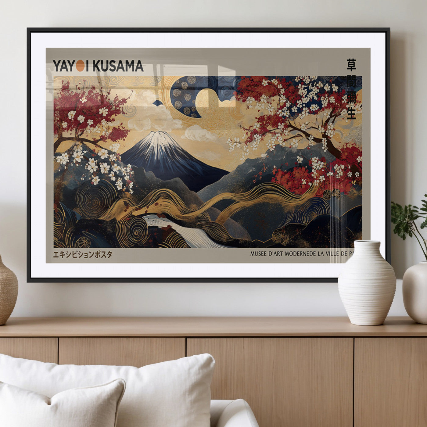 66892669-MGV-CV-36X24-Japanese Landscape Wall Art – Mount Fuji Canvas Print with Cherry Blossoms and Golden Waves, Traditional Asian Inspired Artwork