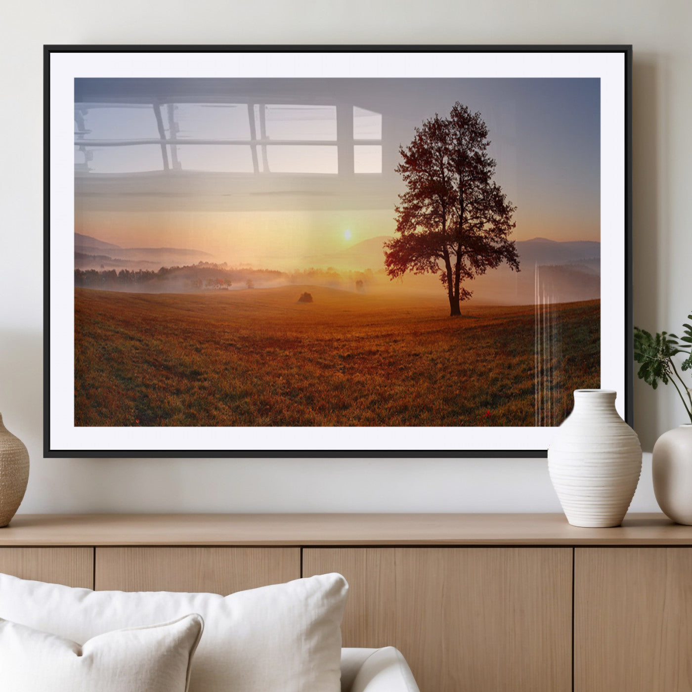 57919623-MGV-CV-36X24-Sunrise Landscape Wall Art – Golden Morning Canvas Print with Tree, Misty Hills and Open Field, Peaceful Nature Photography for
