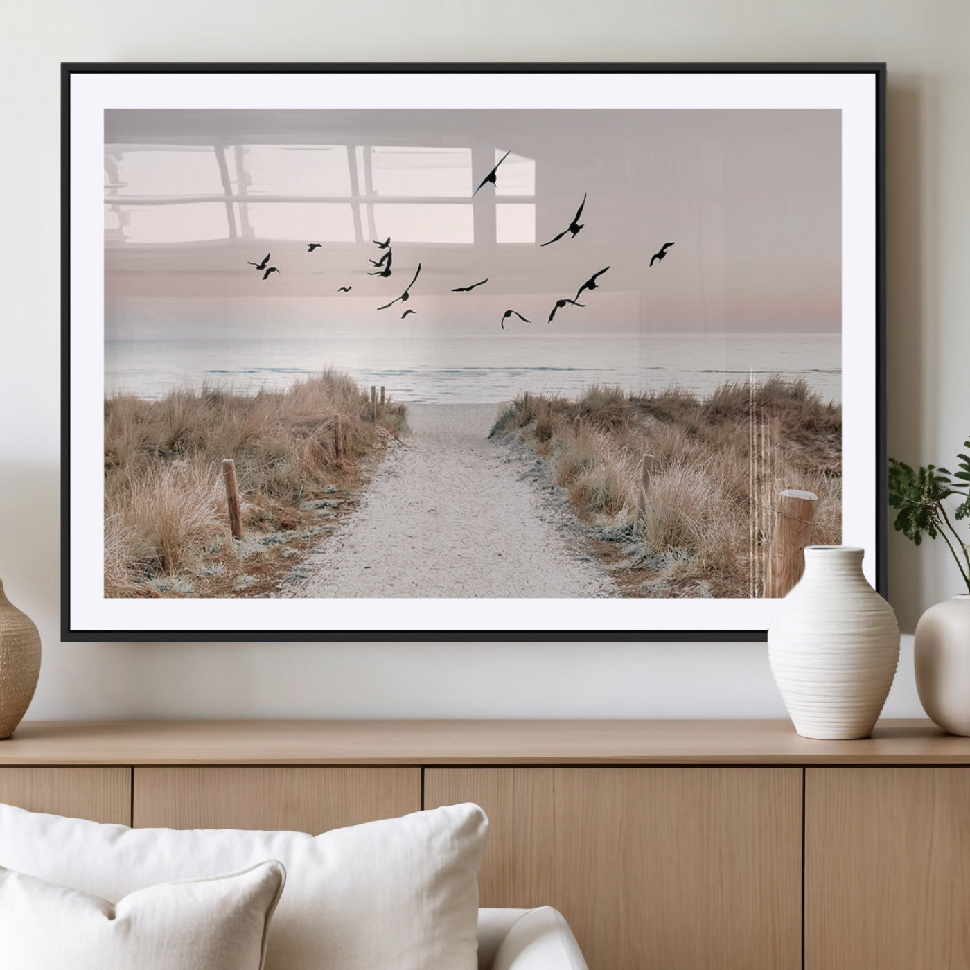 34632598-MGC-FP-36x24_Black-Beach Pathway Wall Art – Coastal Canvas Print with Sandy Trail, Flying Birds and Pastel Sky, Serene Ocean Landscape Photography