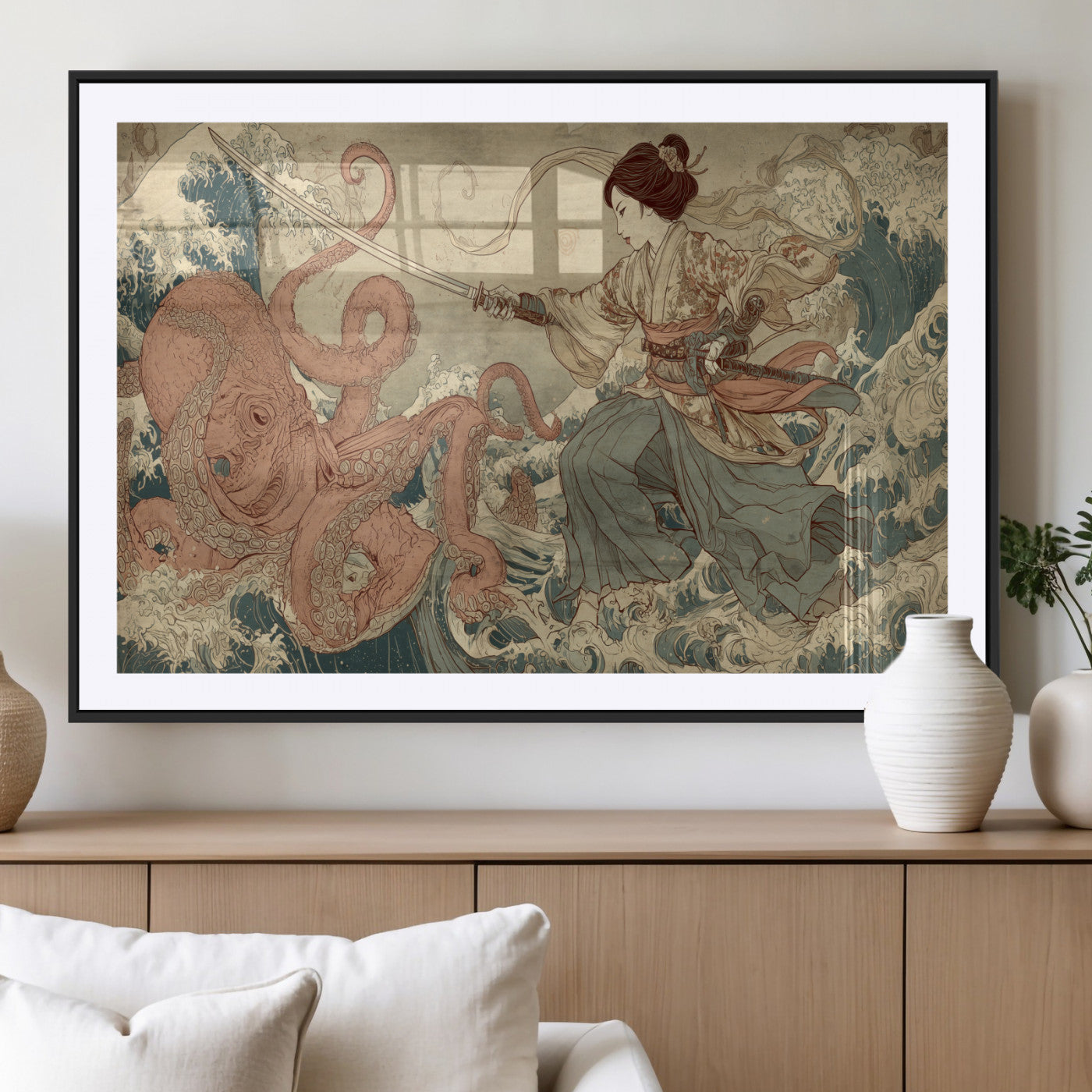 54879547-MGC-FP-36x24_Black-Tsukioka Yoshitoshi Samurai Wall Art Print, Japanese Katana Warrior Canvas Wall Art, Octopus Sea Monster Canvas Print,