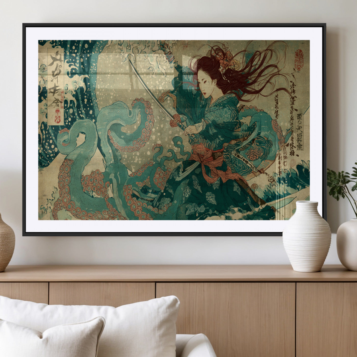 86918027-MGV-CV-36X24-Samurai Warrior vs Octopus Wall Art – Japanese Ukiyo-e Ocean Battle Canvas Print, Traditional Samurai Artwork for Living Room,