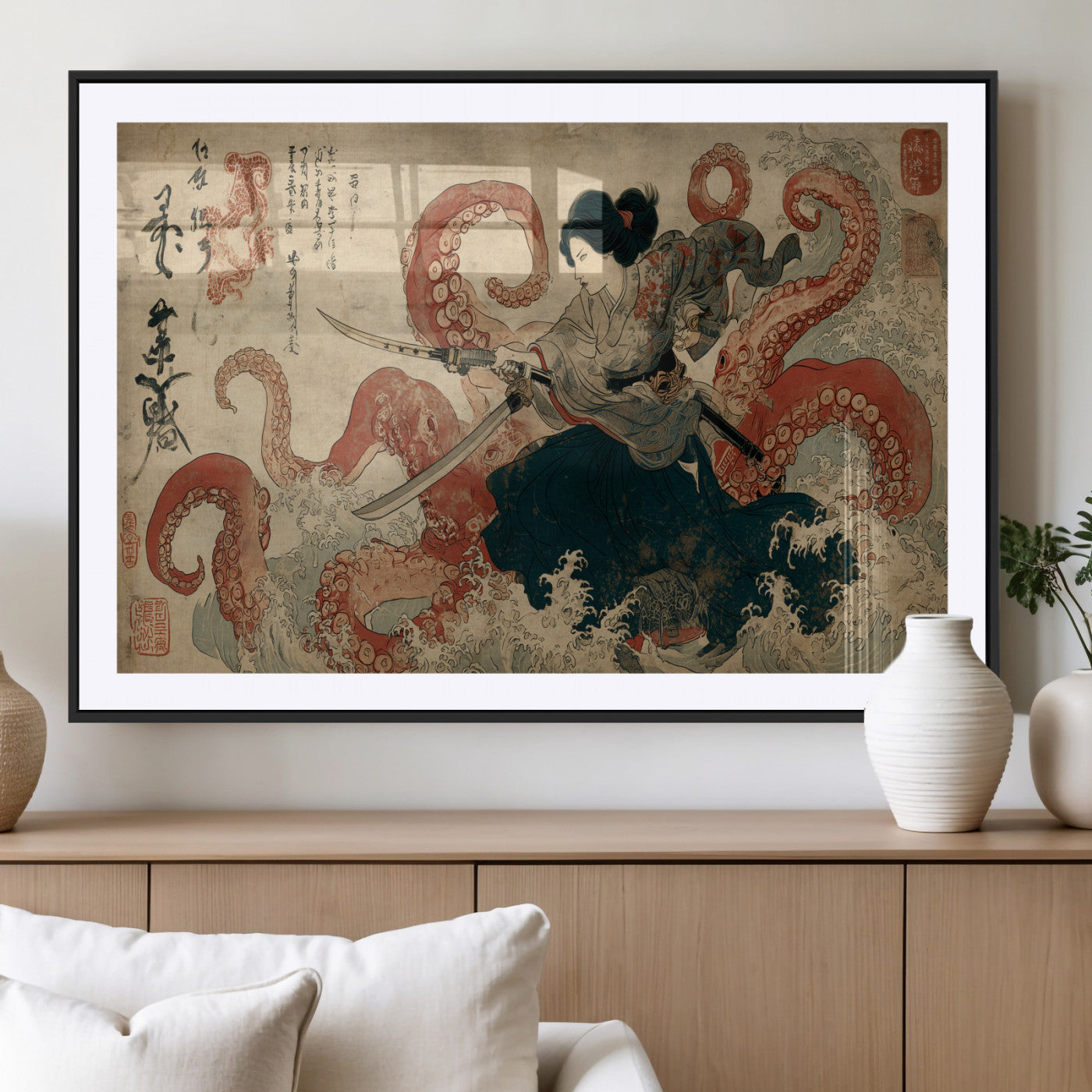 50812504-MGC-FP-36x24_Black-Tsukioka Yoshitoshi Samurai Wall Art Print, Japanese Katana Warrior Canvas Wall Art, Octopus Sea Monster Canvas Print,