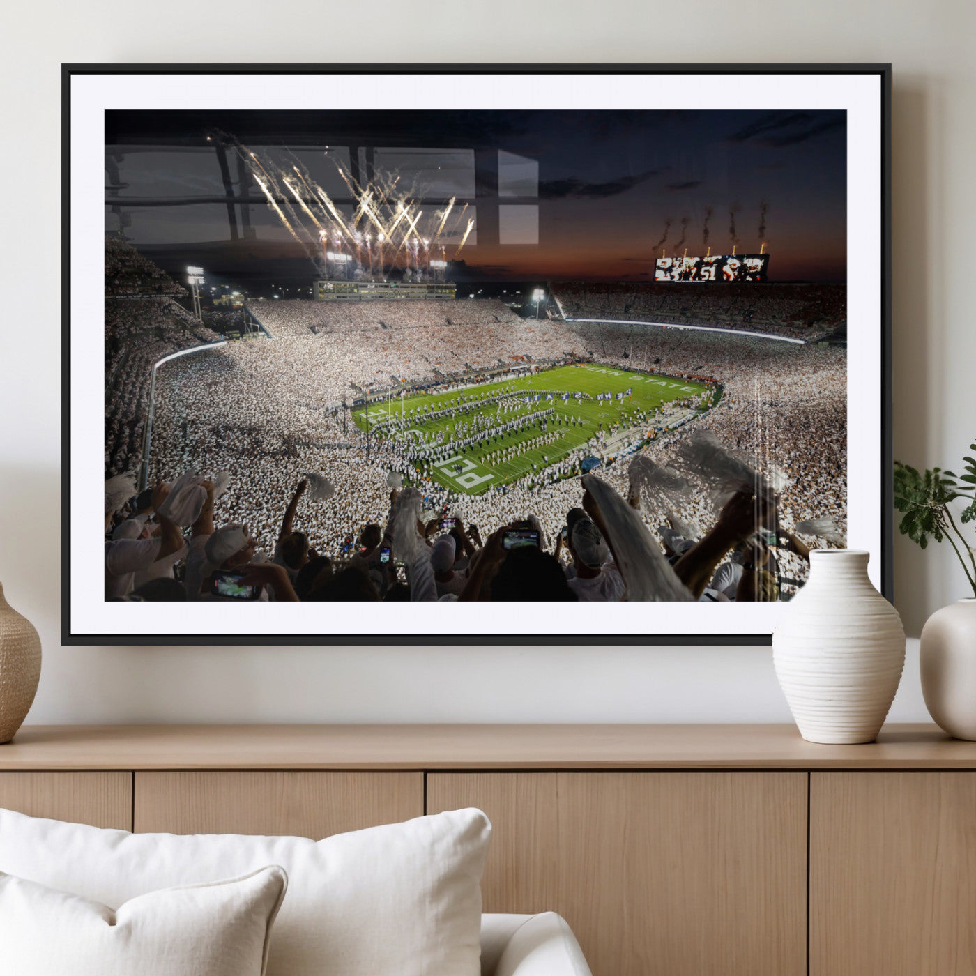 Penn-MGV-CV-36X24-Football Stadium Wall Art – Panoramic Night Game Canvas Print, Packed Crowd with Fireworks, Sports Decor for Office, Man Cave, Bar