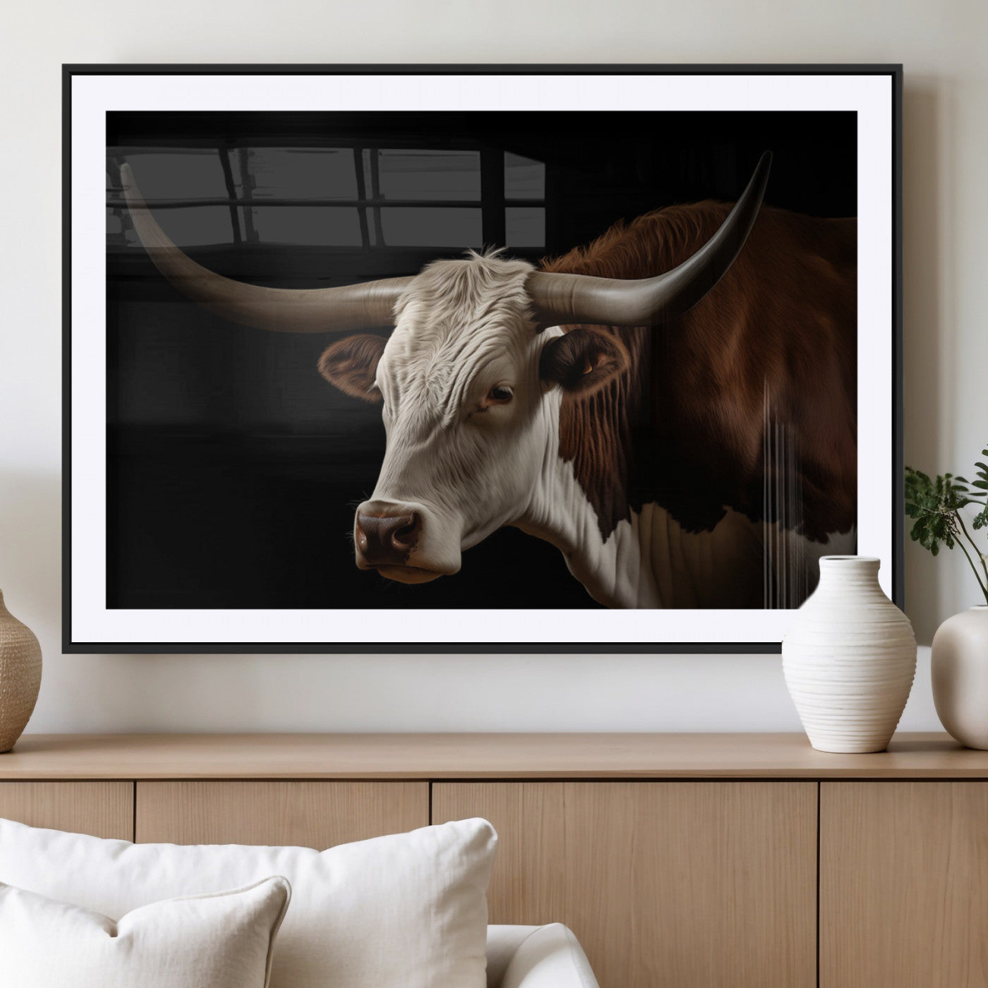 27414857-MGV-CV-36X24-Longhorn Bull Wall Art – Dramatic Western Steer Portrait Canvas Print, Rustic Farmhouse Animal Decor for Living Room, Office, or