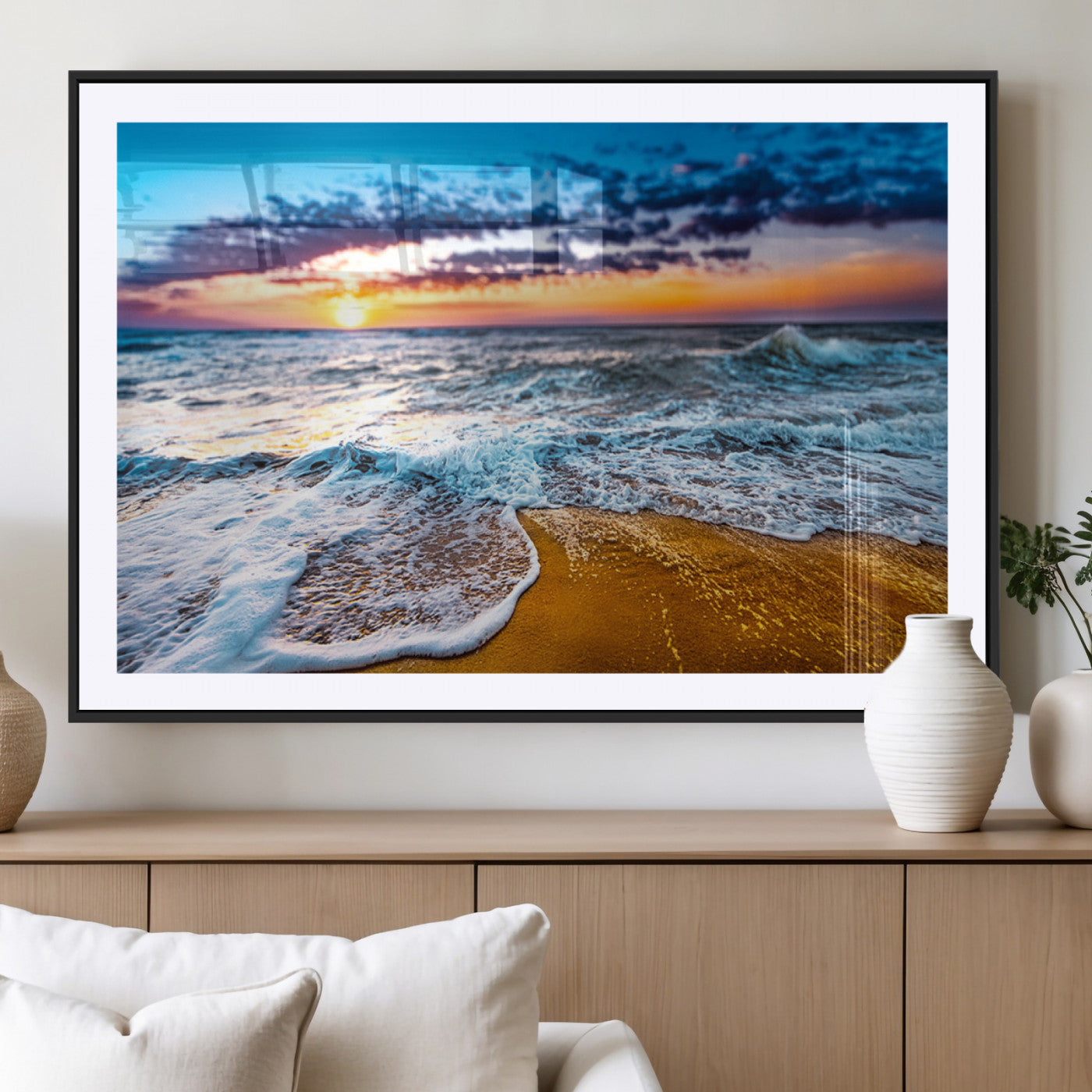 24077769-MGV-CV-36X24-Sunset Beach Wall Art – Ocean Waves Canvas Print, Golden Shoreline Photography Coastal Decor for Living Room, Bedroom, Office,