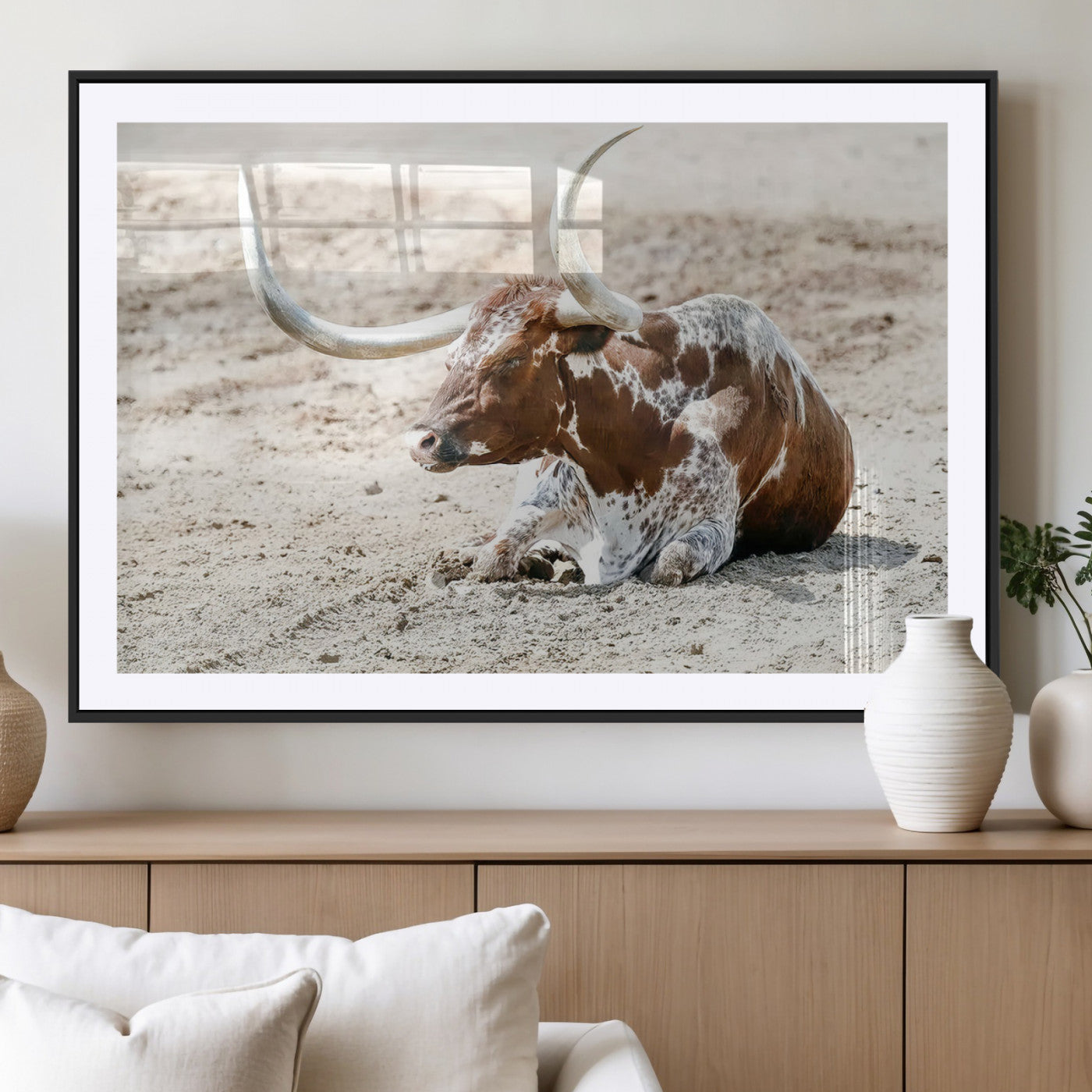89096667-MGV-CV-36X24-Texas Longhorn Wall Art – Rustic Western Canvas Print, Cattle Photography Decor for Ranch House, Living Room, Office, Man Cave