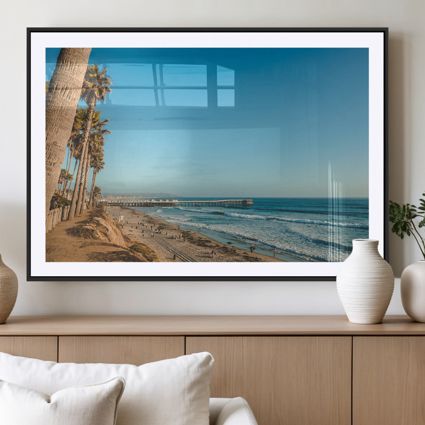 92568259-MGV-CV-36X24-California Beach Wall Art – Palm Tree Pier Canvas Print, Coastal Ocean Photography Seaside Decor for Living Room, Bedroom, Office,