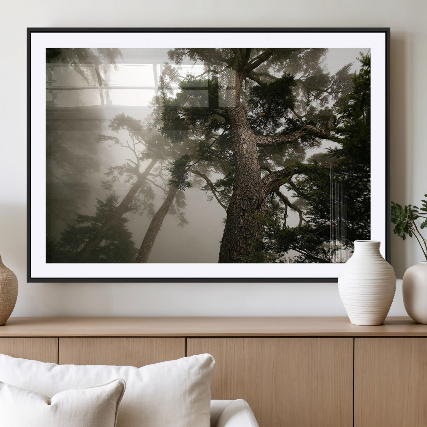 87969493-MGV-CV-36X24-Forest Wall Art – Misty Tall Trees Canvas Print, Dramatic Woodland Photography Decor for Bedroom, Living Room, Office, Cabin,