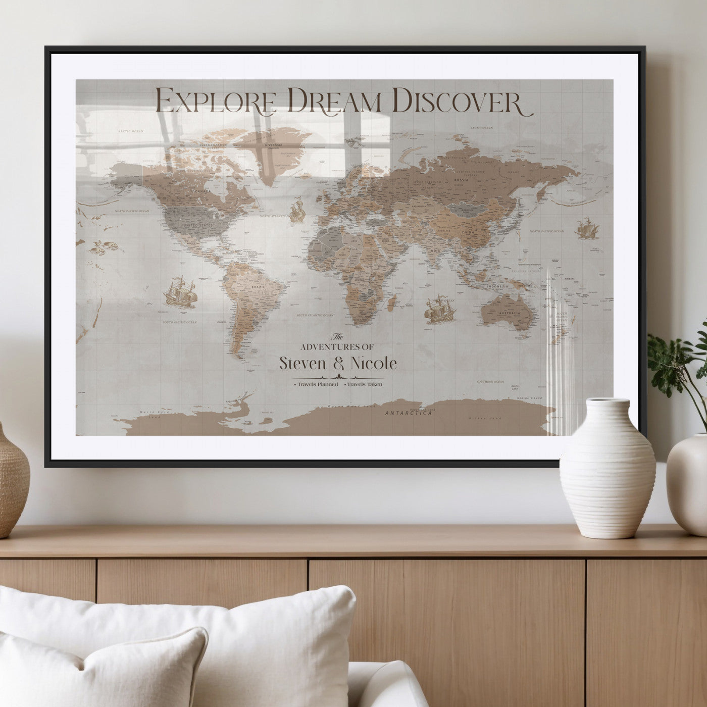 56148717-MGV-CV-36X24-Personalized World Map Wall Art – Neutral Beige & Brown Vintage Adventure Travel Map with Custom Couple Names, Classic Wall Decor